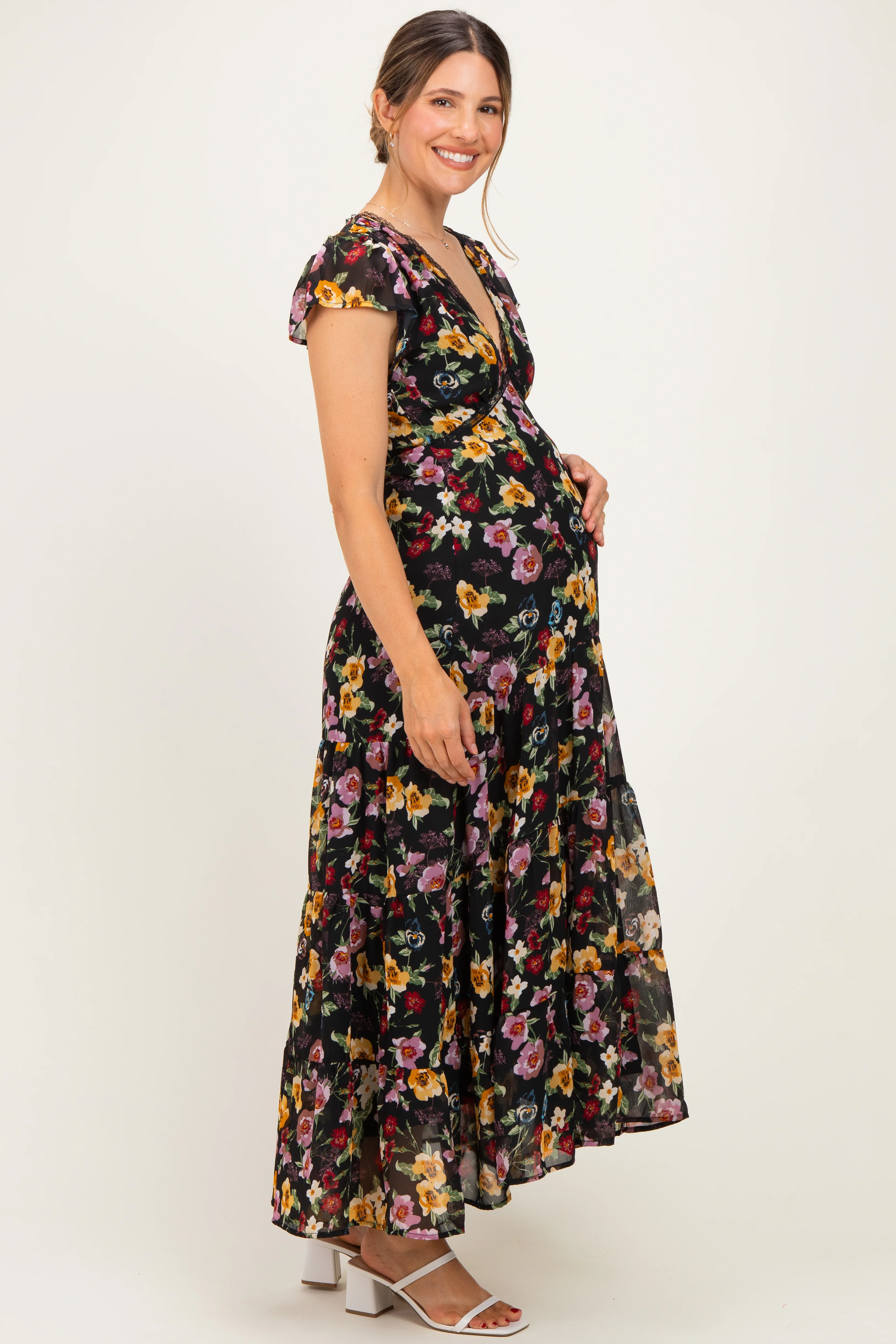 Black Multi Floral Chiffon V Neck Maternity Midi Dress - Image 2