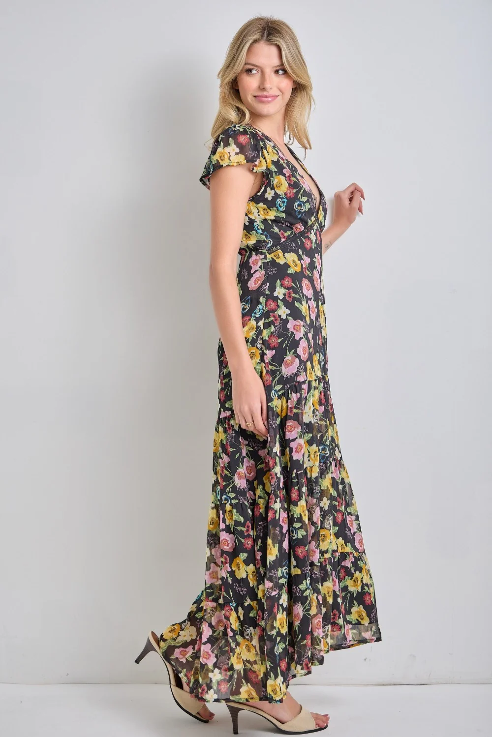 Black Multi Floral Chiffon V Neck Midi Dress - Image 2