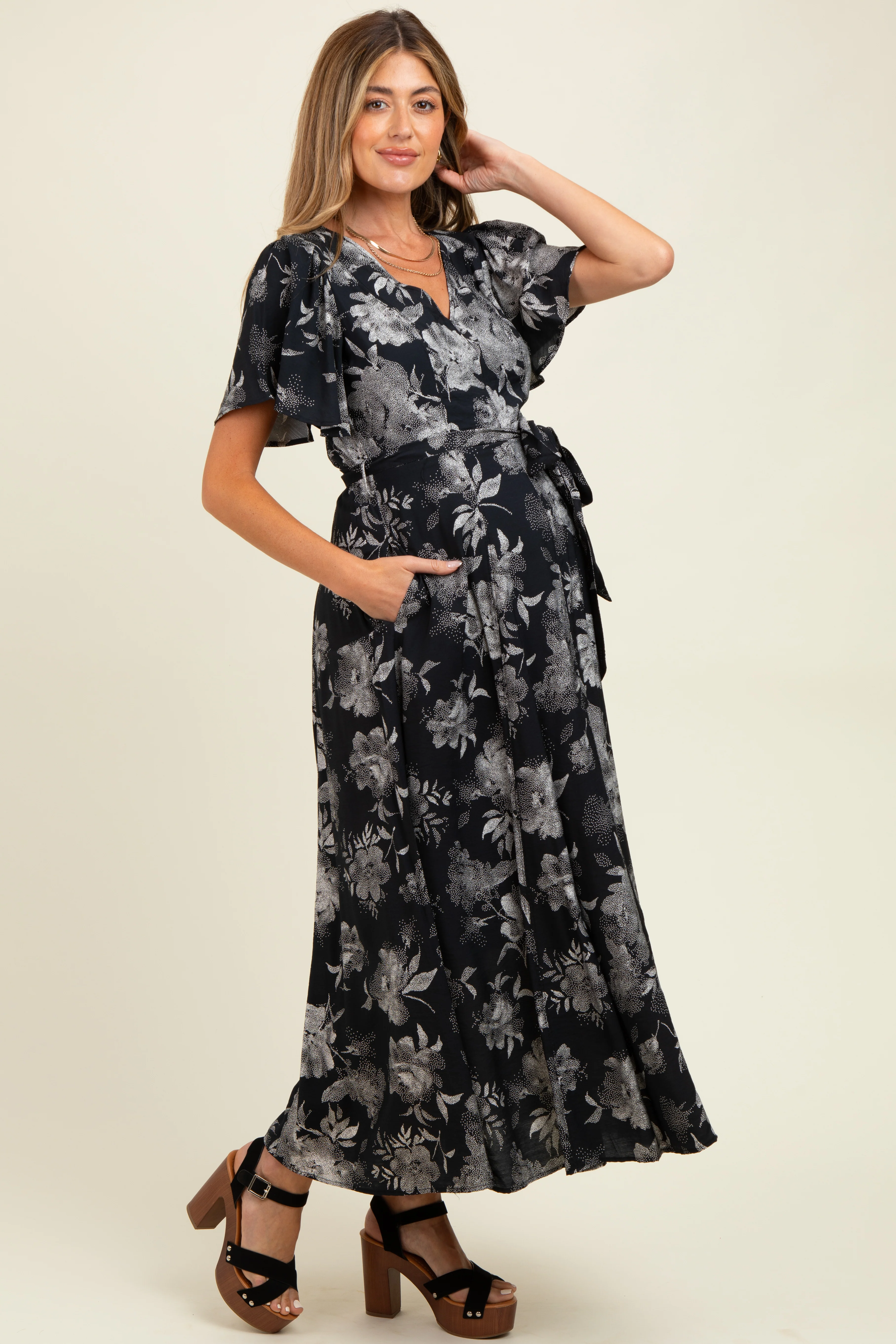 Black Multi Floral Flutter Sleeve Maternity Maxi Dress - Image 3