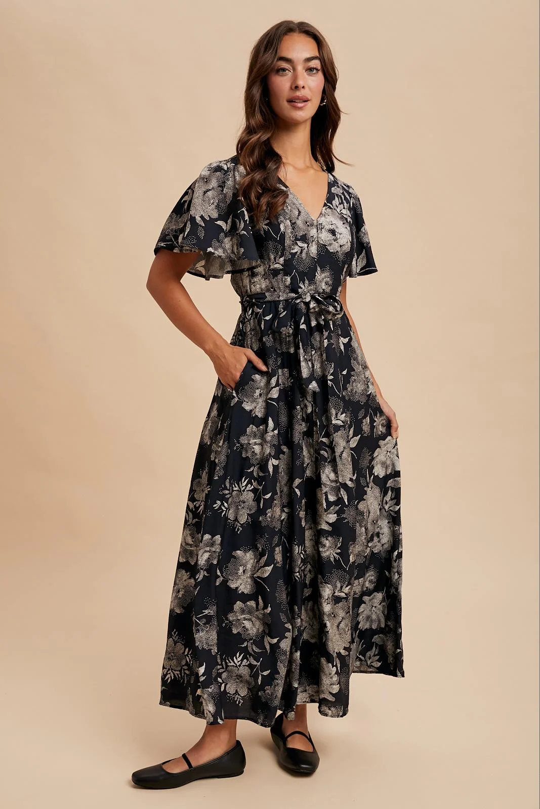 Black Multi Floral Flutter Sleeve Maxi Dress - Image 2