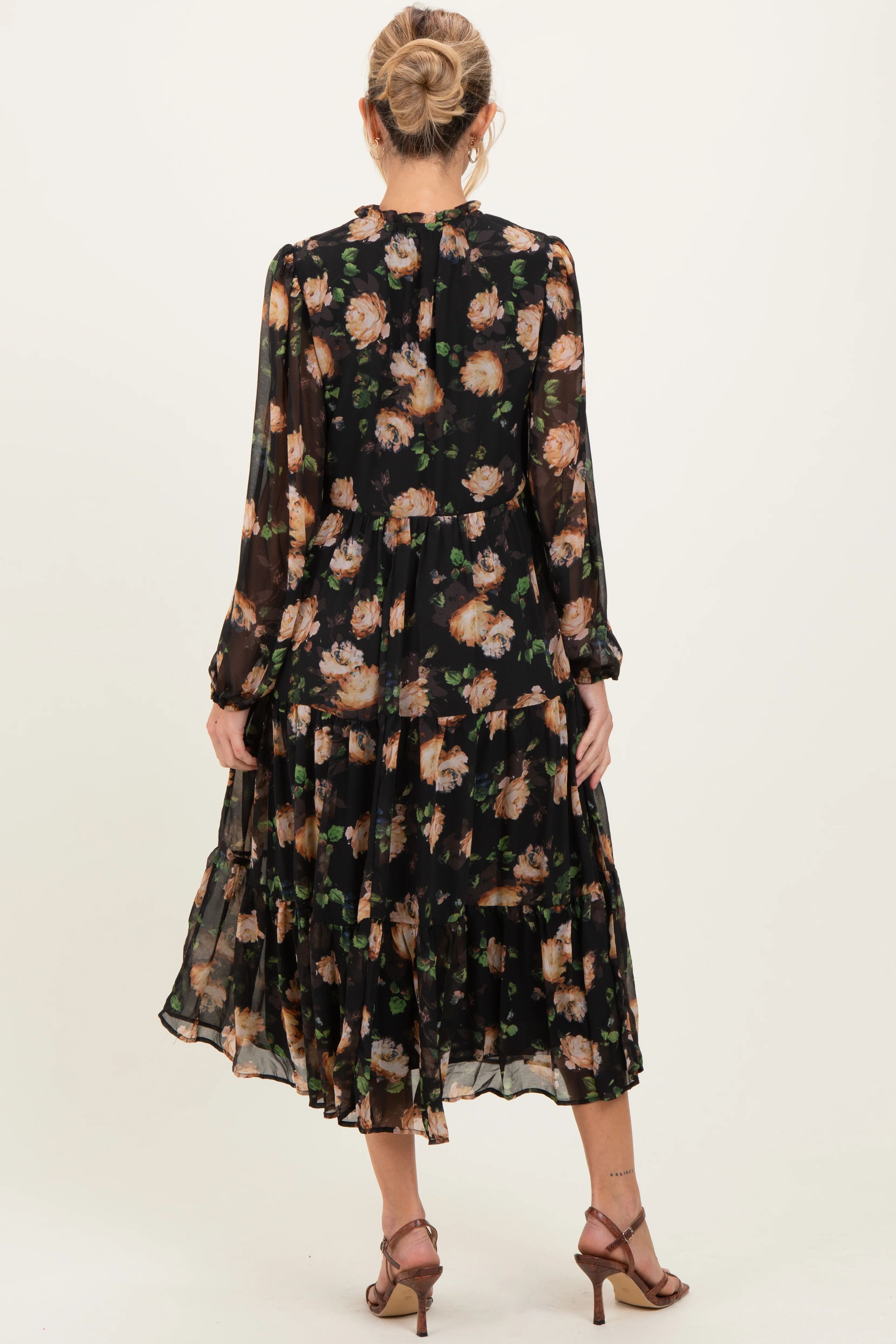 Black Multi Floral Tiered Button Down Maternity Maxi Dress - Image 4