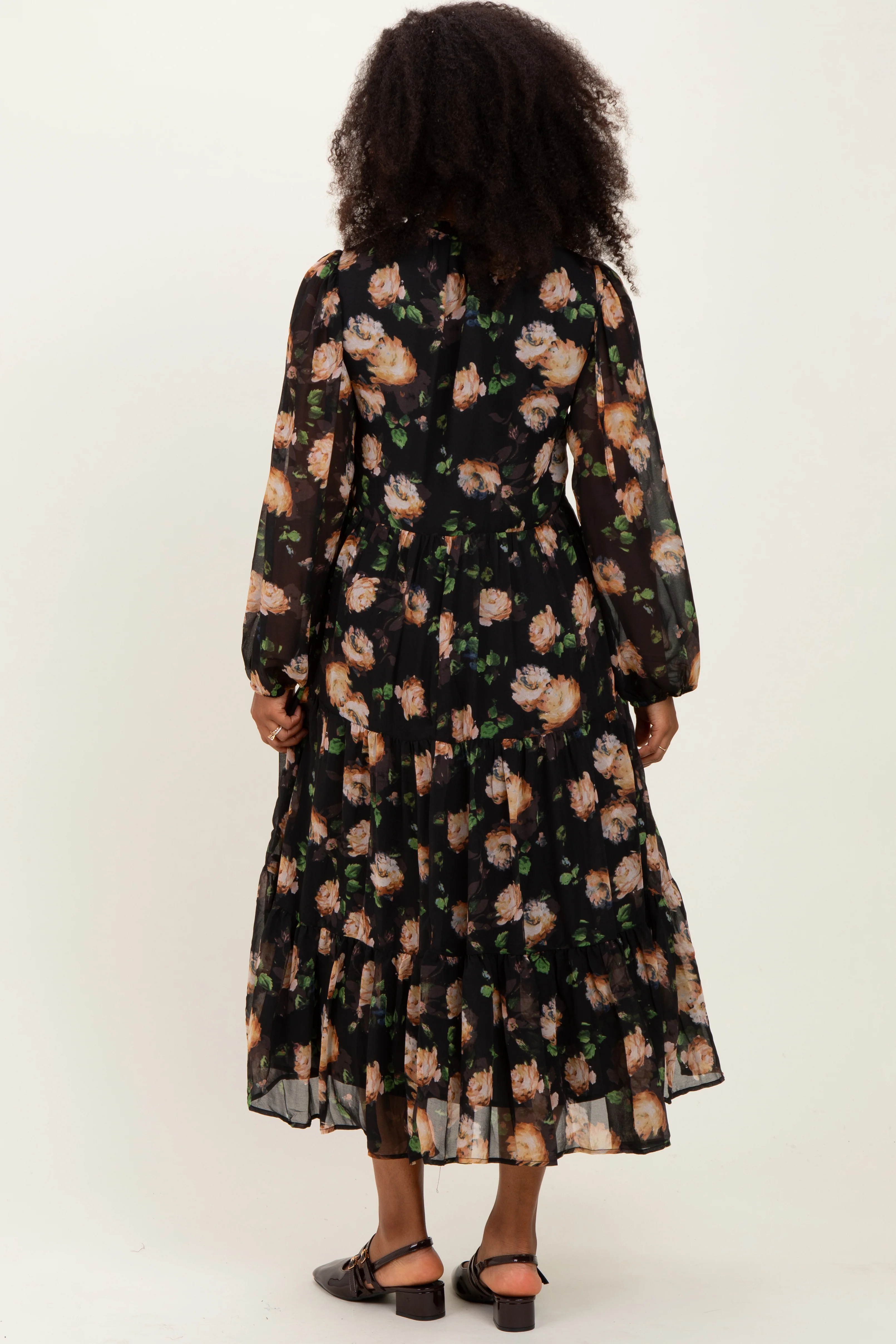 Black Multi Floral Tiered Button Down Maxi Dress - Image 4
