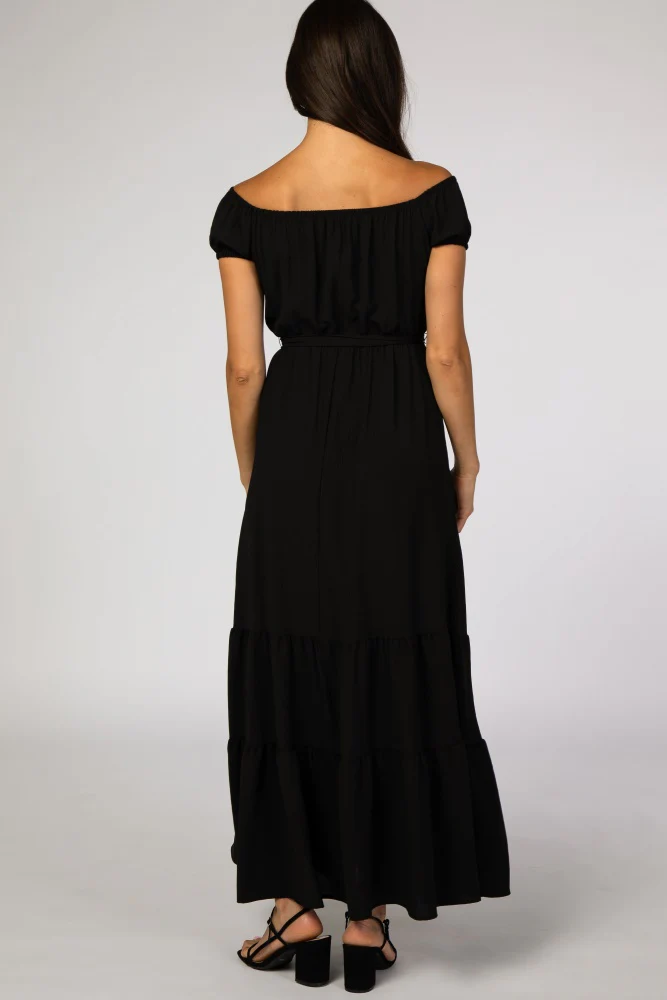 Black Off Shoulder Ruffle Hem Maxi Dress - Image 3