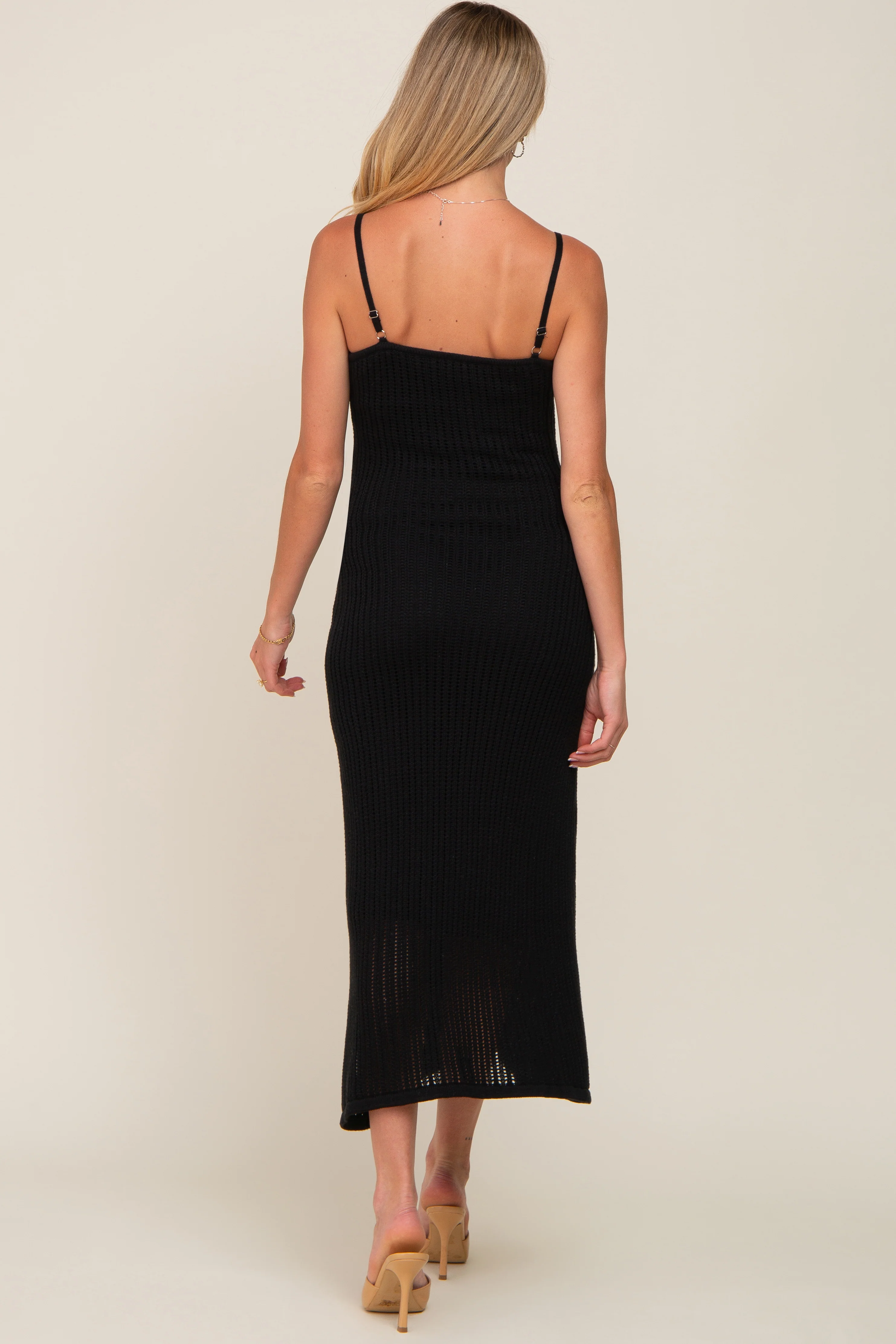 Black Open Knit Crochet Maternity Midi Dress - Image 3