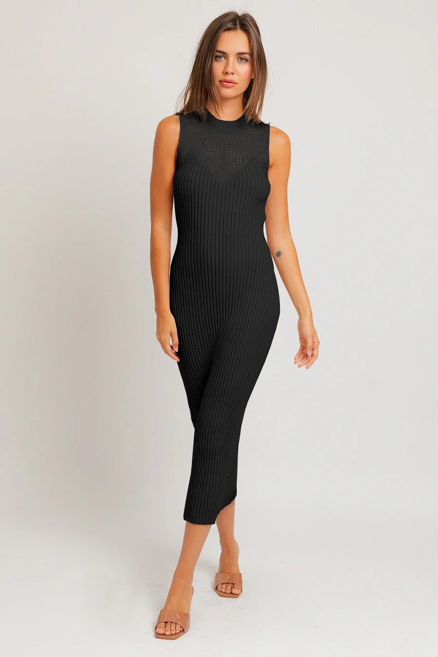 Black Open Knit Fitted Maternity Sweater Midi Dress - Image 5