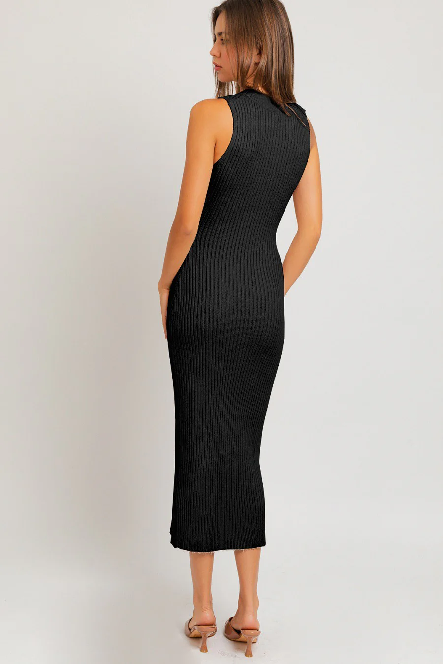 Black Open Knit Fitted Sweater Midi Dress - Image 2