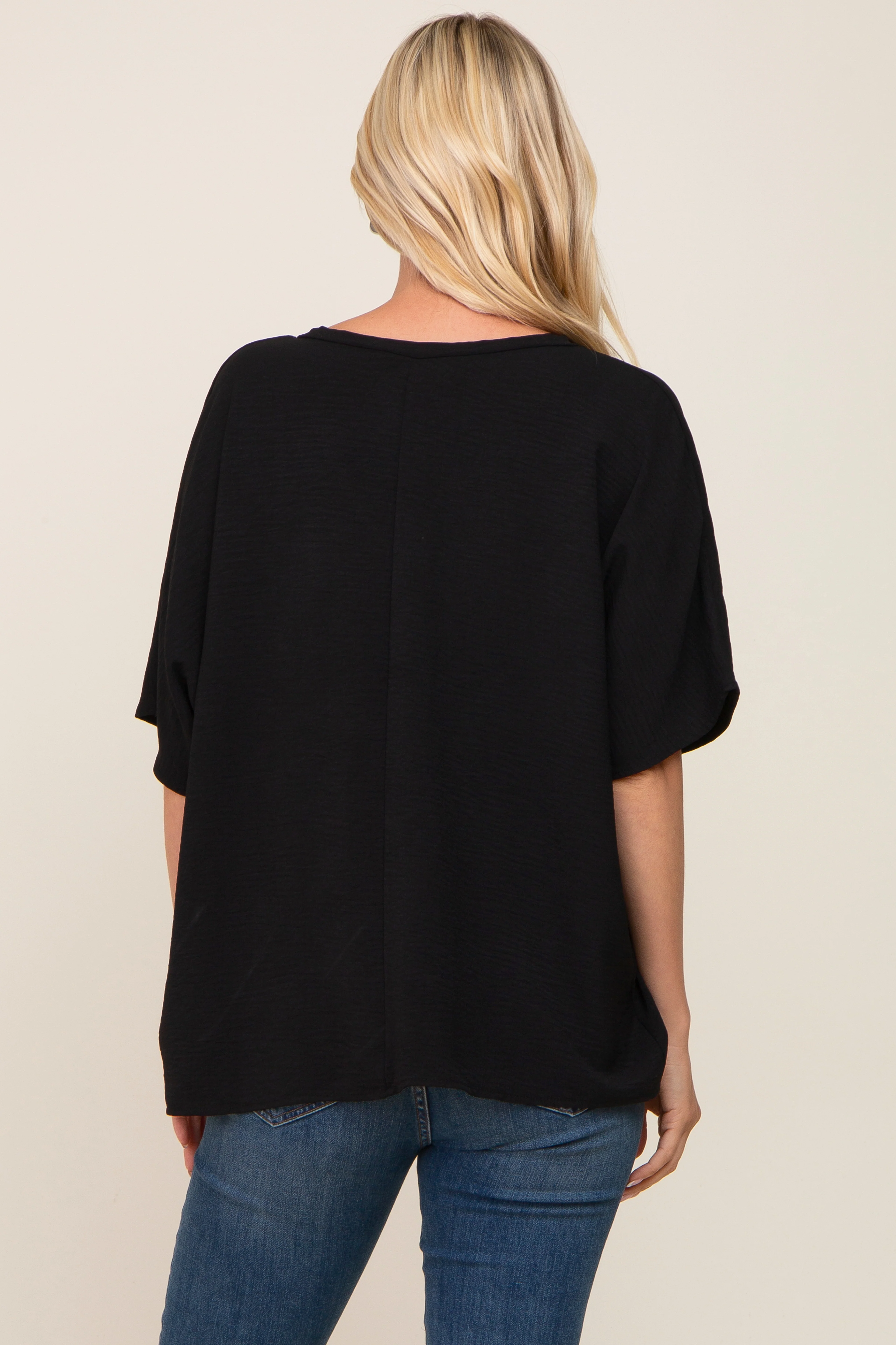Black Oversized V-Neck Pocket Front Blouse - Image 3