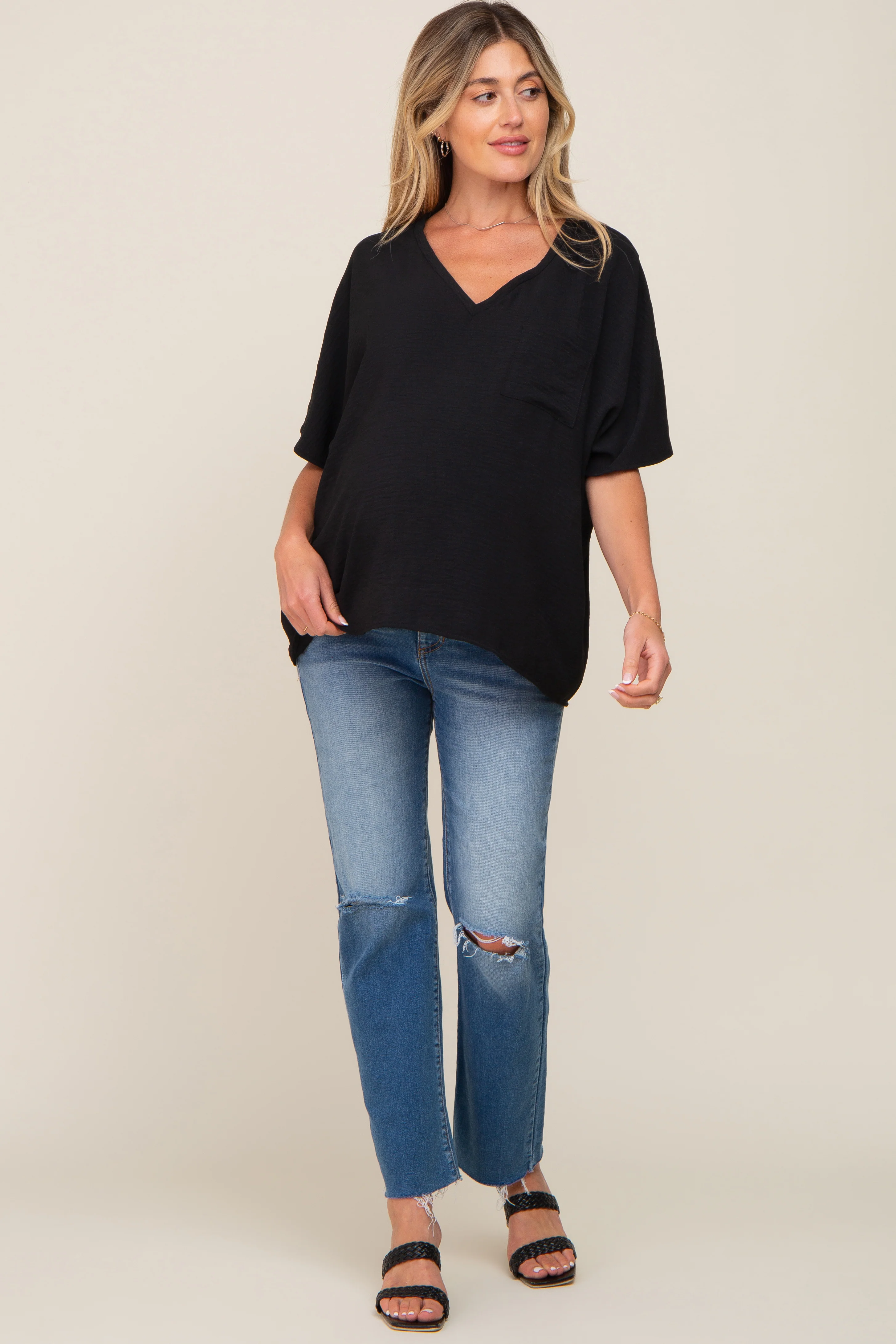 Black Oversized V-Neck Pocket Front Maternity Blouse - Image 4