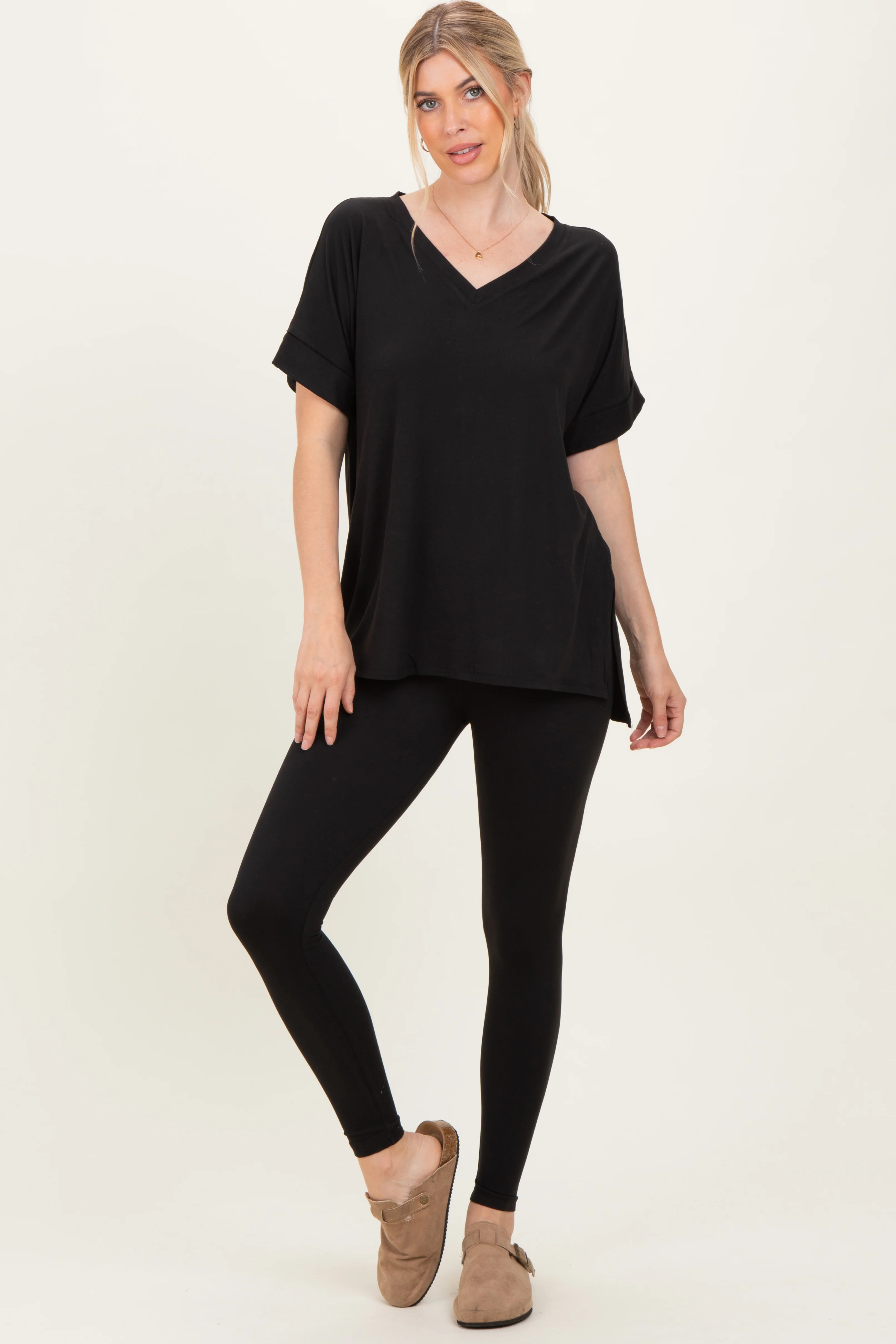 Black Oversized V-Neck Tee Legging Maternity Lounge Set - Image 5