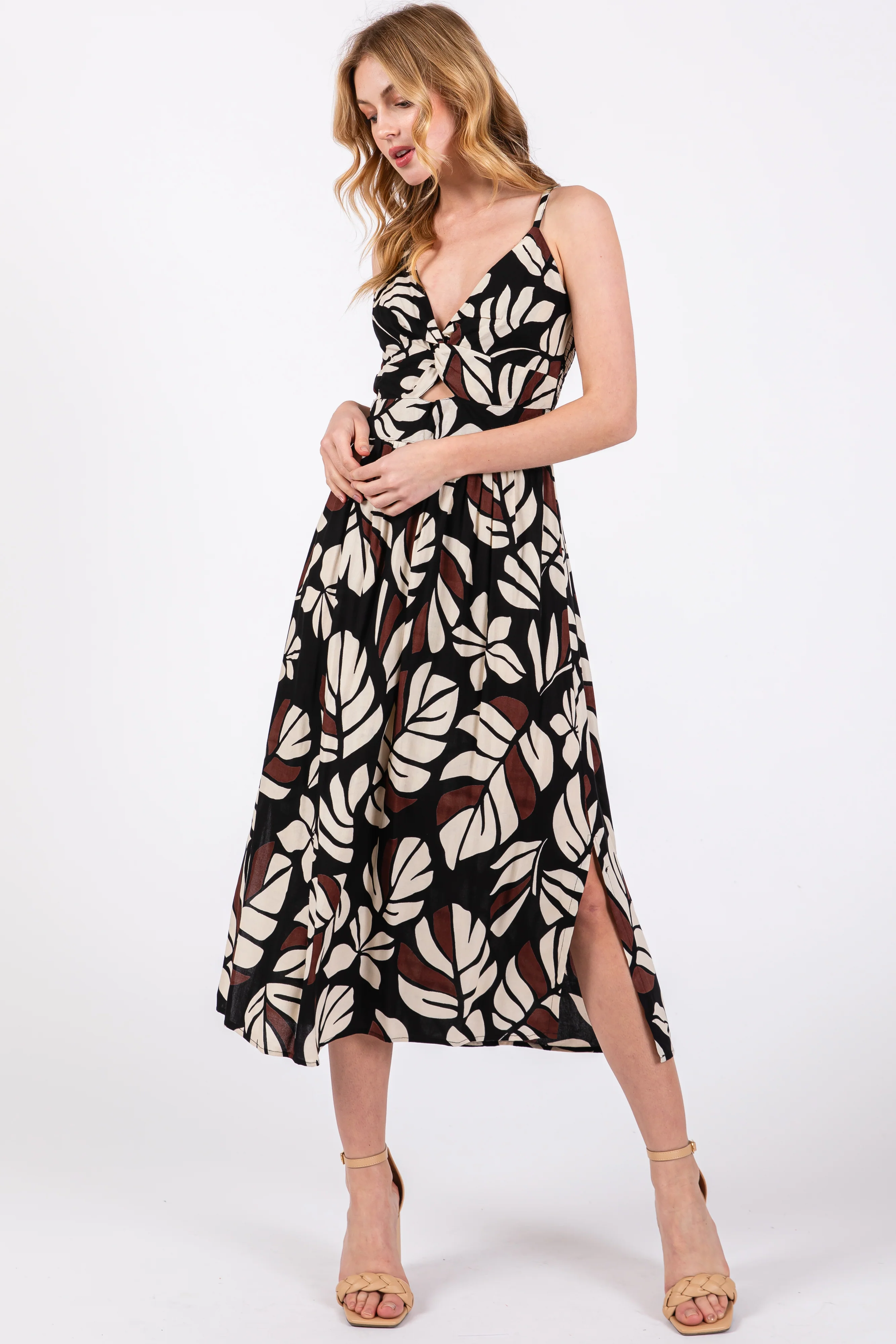Black Palm Print Front Knot Twist Maternity Dress - Image 5