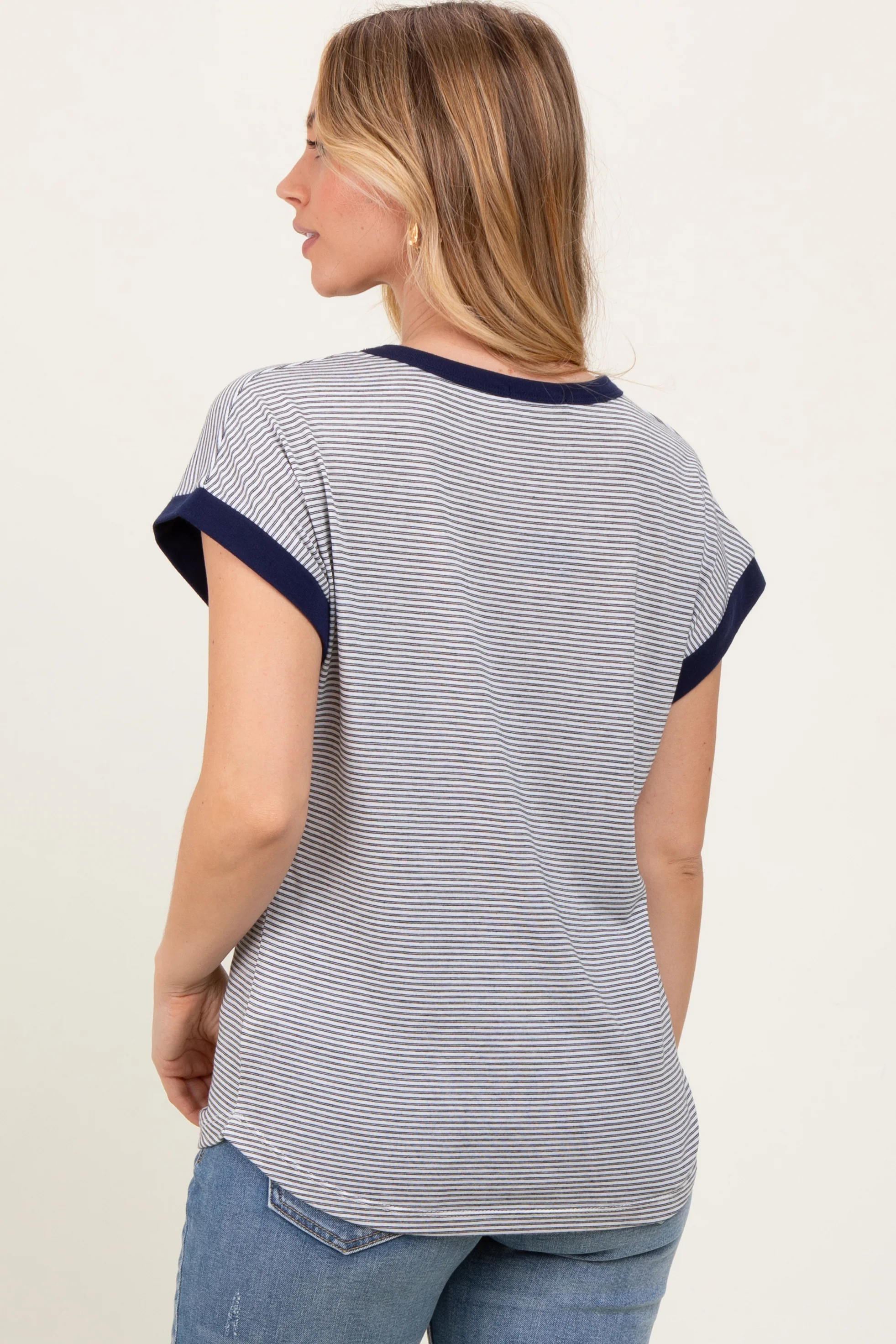 Black Pinstripe Contrast Trim Short Sleeve Tee - Image 3