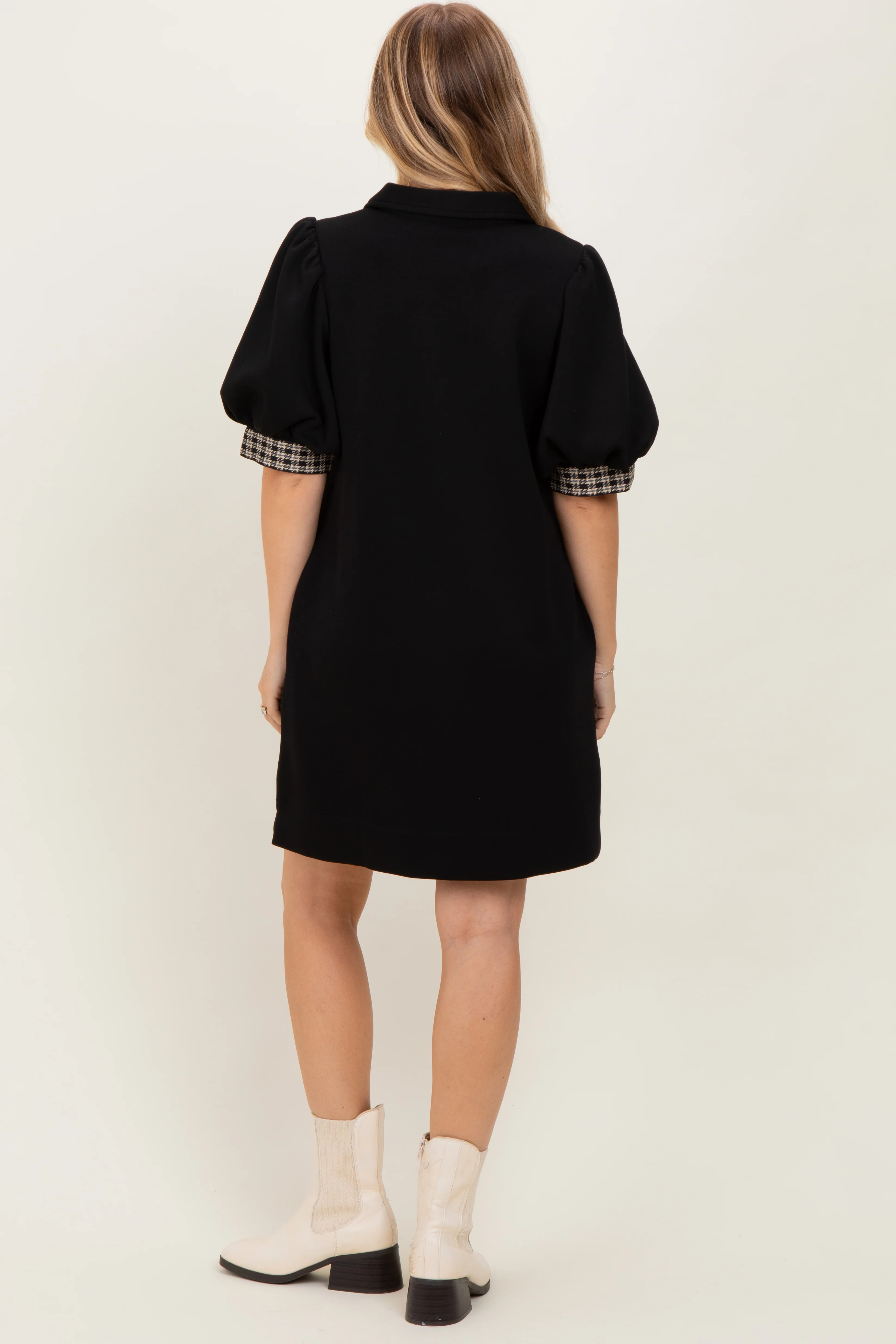 Black Plaid Accent Puff Sleeve Mini Dress - Image 4