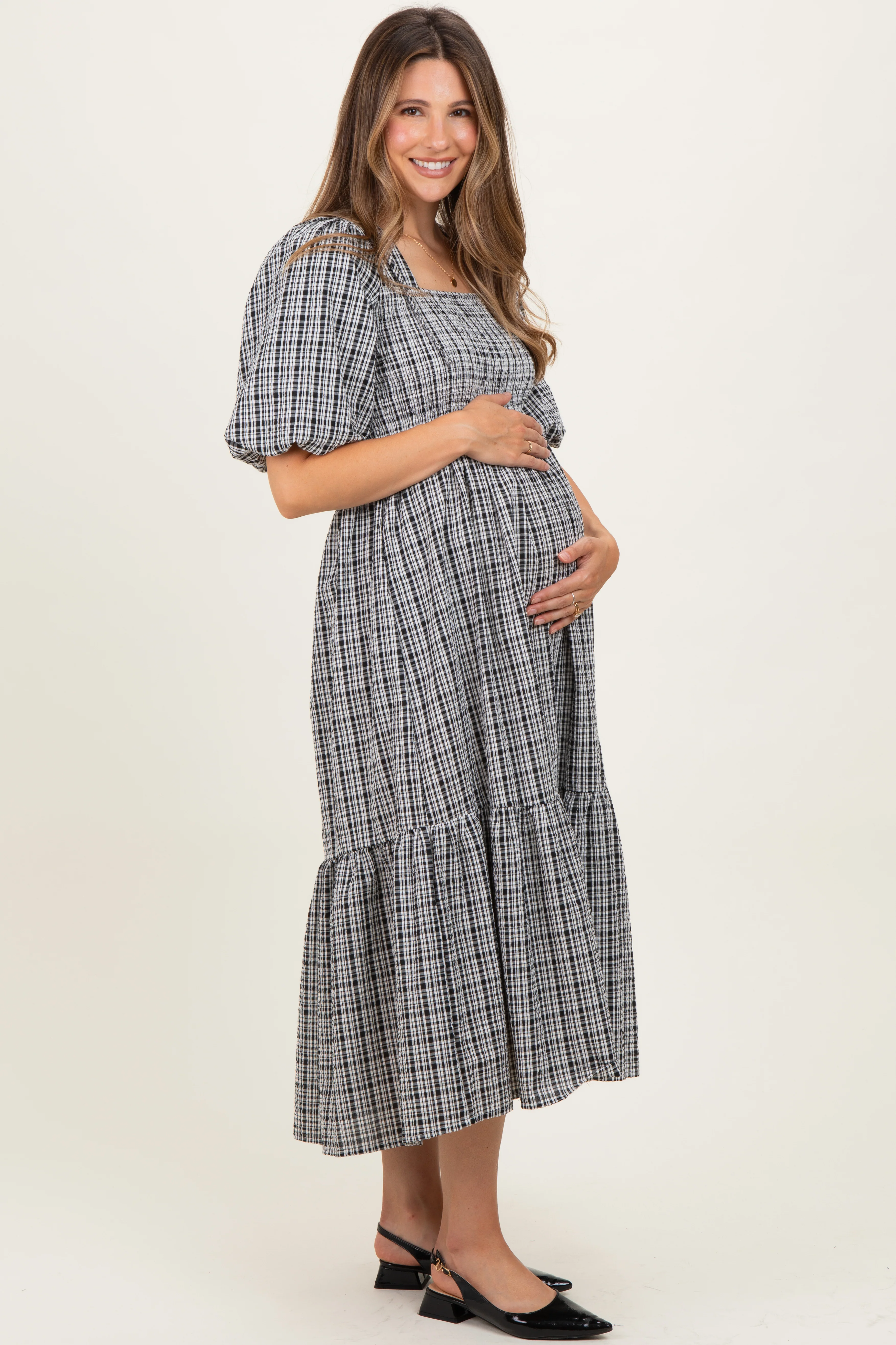 Black Plaid Bubble Sleeve Maternity Dress - Image 3
