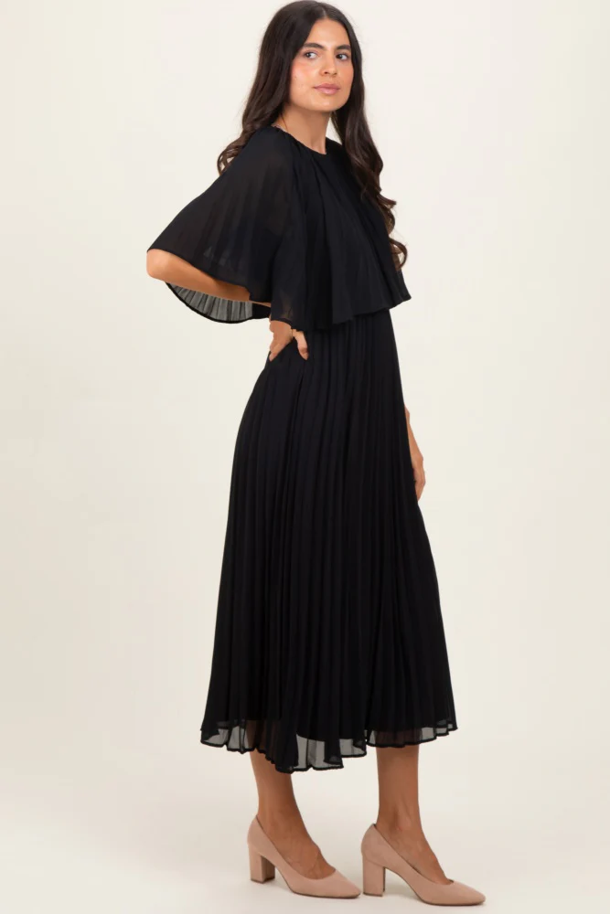 Black Pleated Cape Midi Dress - Image 3