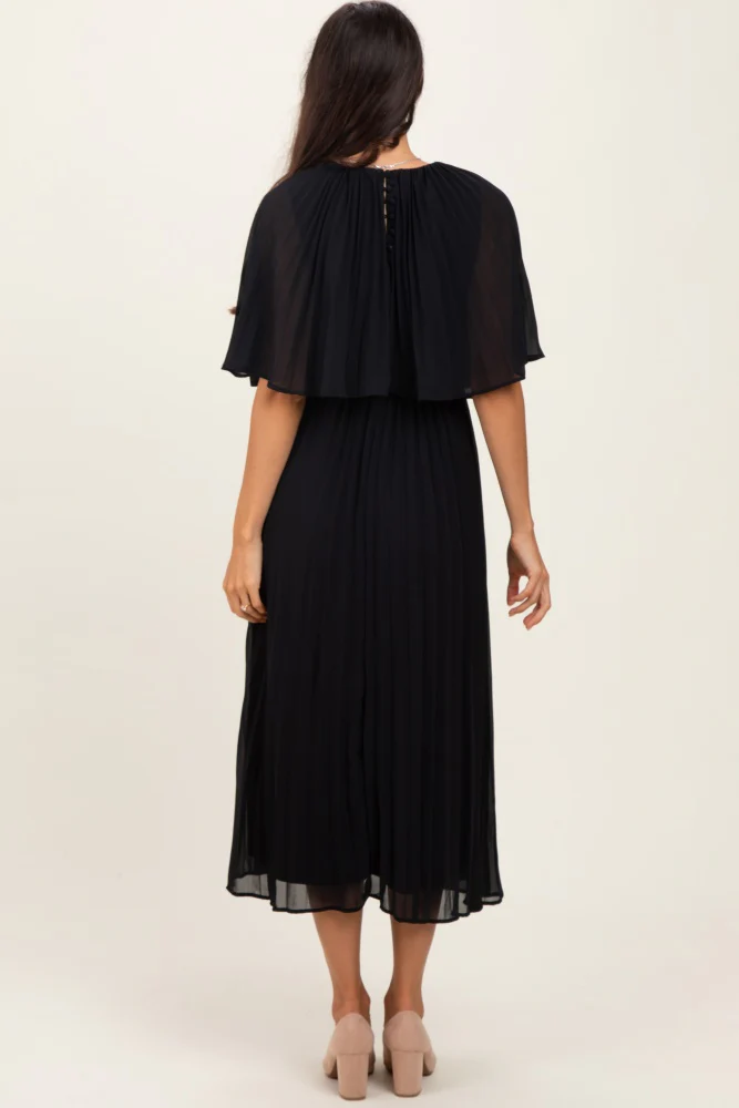 Black Pleated Cape Midi Dress - Image 4