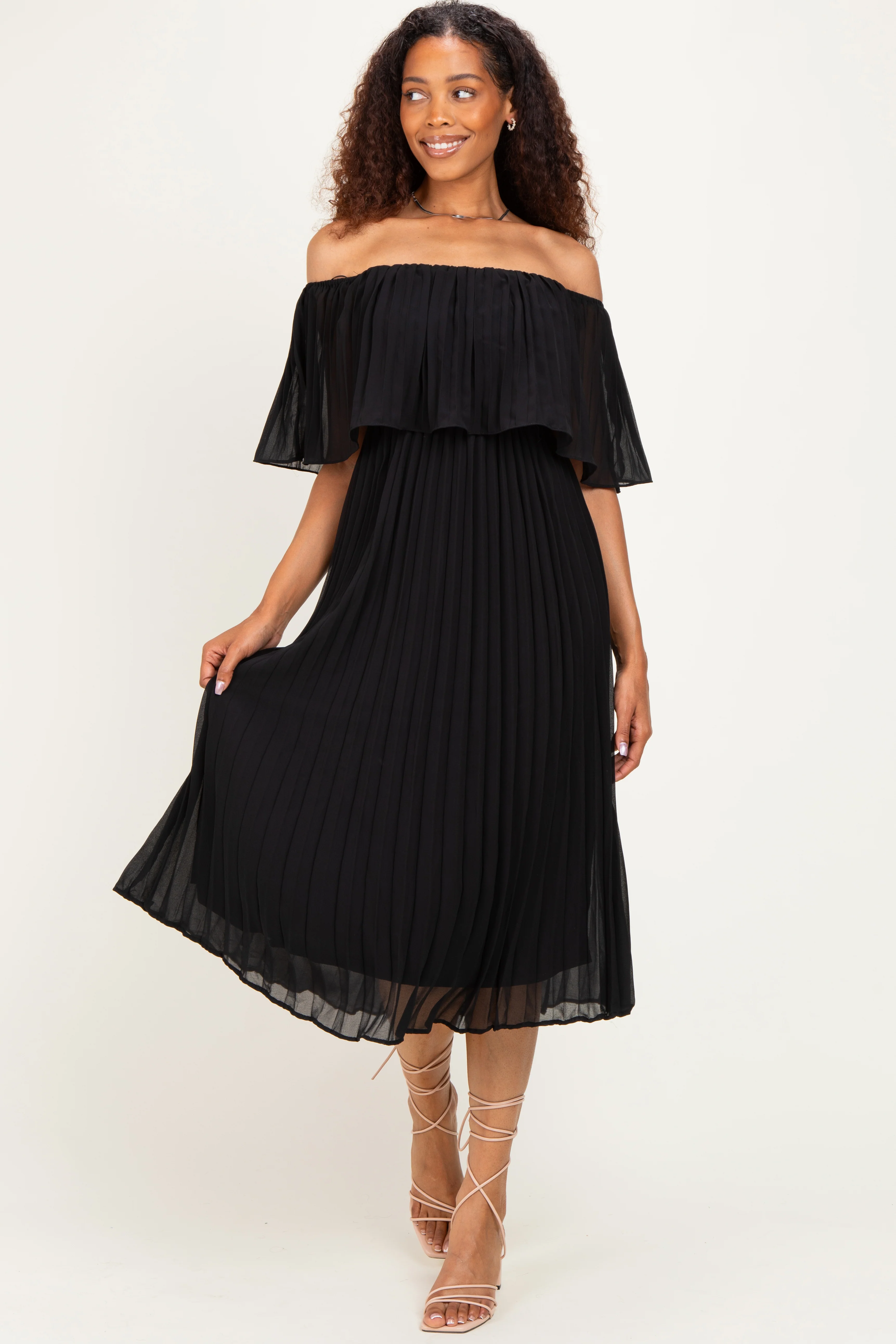 Black Pleated Off Shoulder Flounce Maternity Midi Dress - Image 4