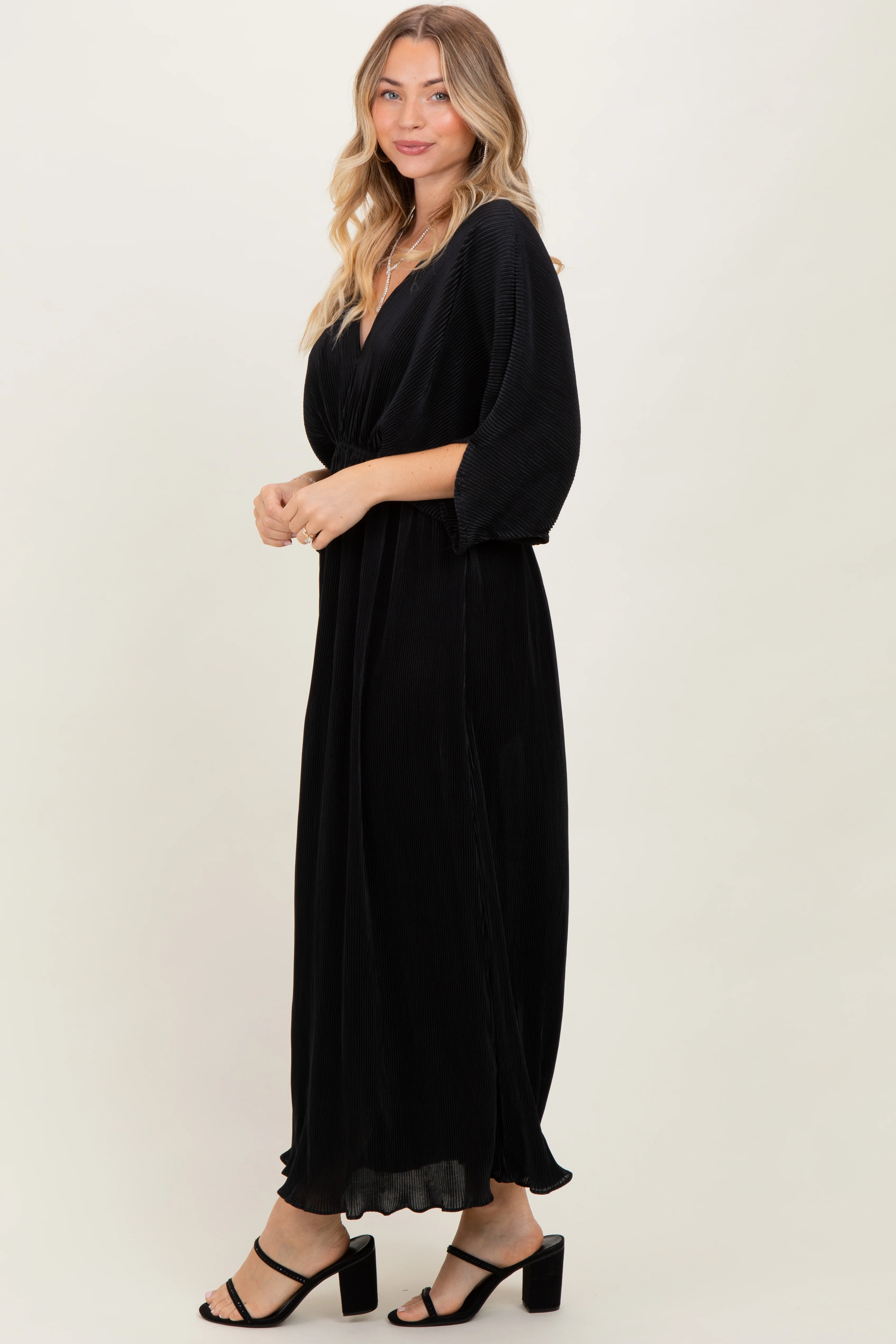 Black Pleated Satin Dolman Sleeve Maxi Dress - Image 3