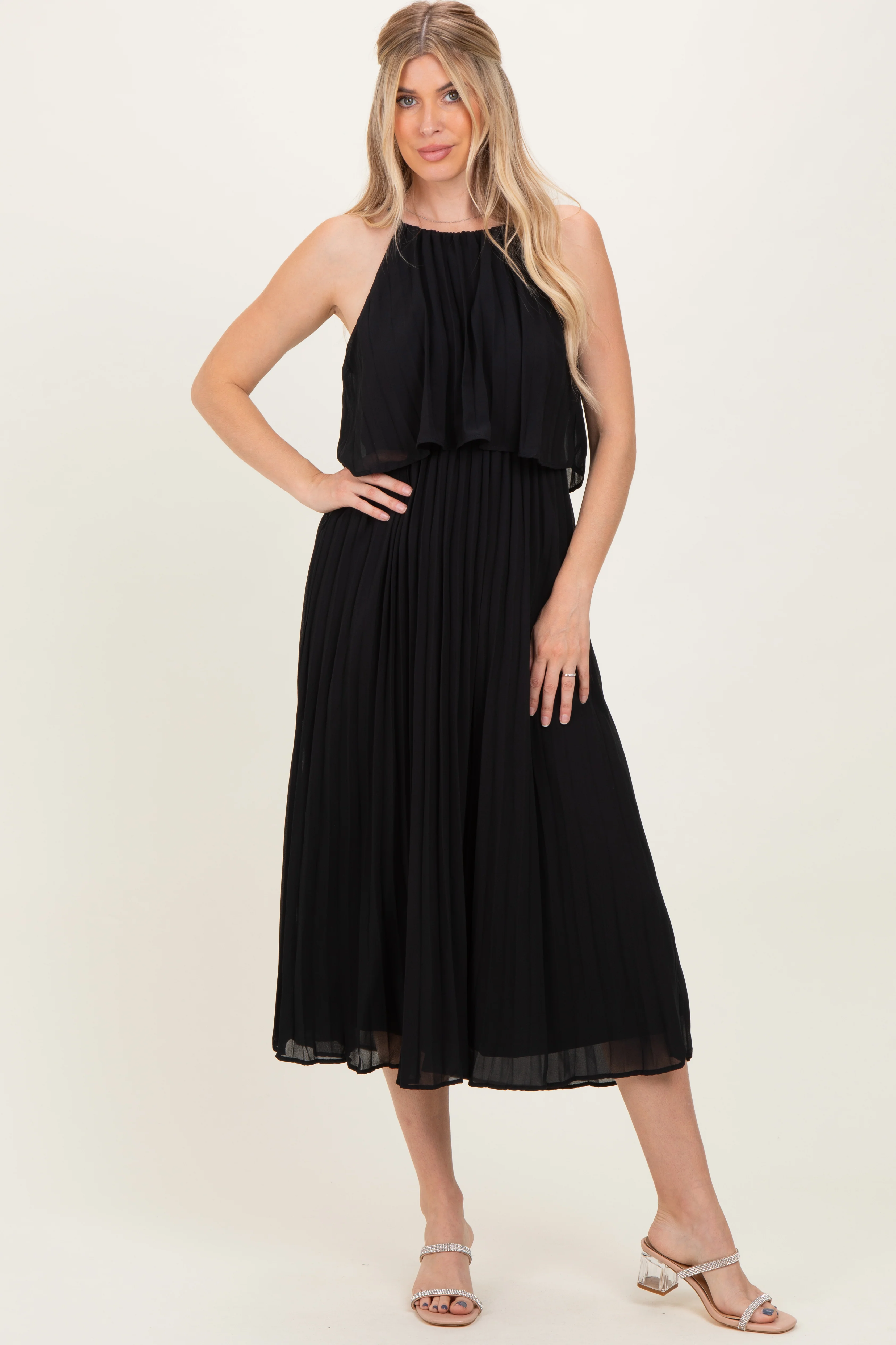 Black Pleated Woven Maternity Midi Dress - Image 5