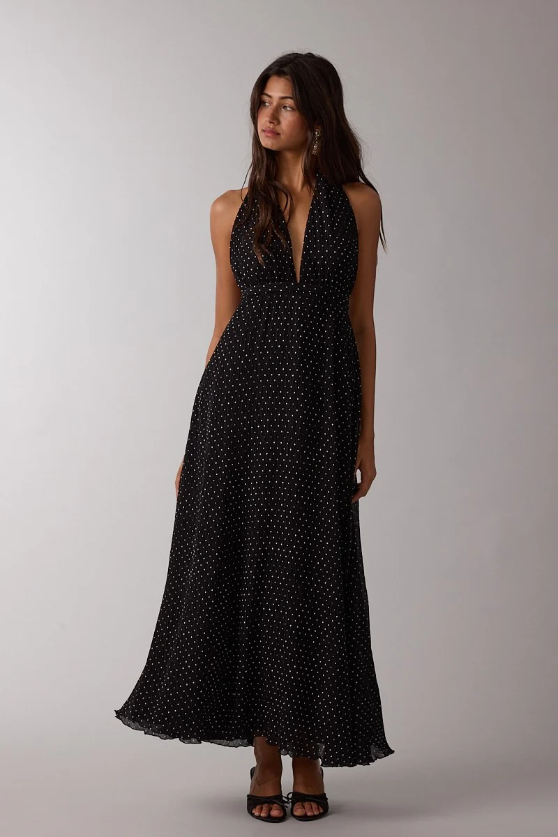 Black Polka Dot Halter Tie Open Back Maternity Maxi Dress - Image 3