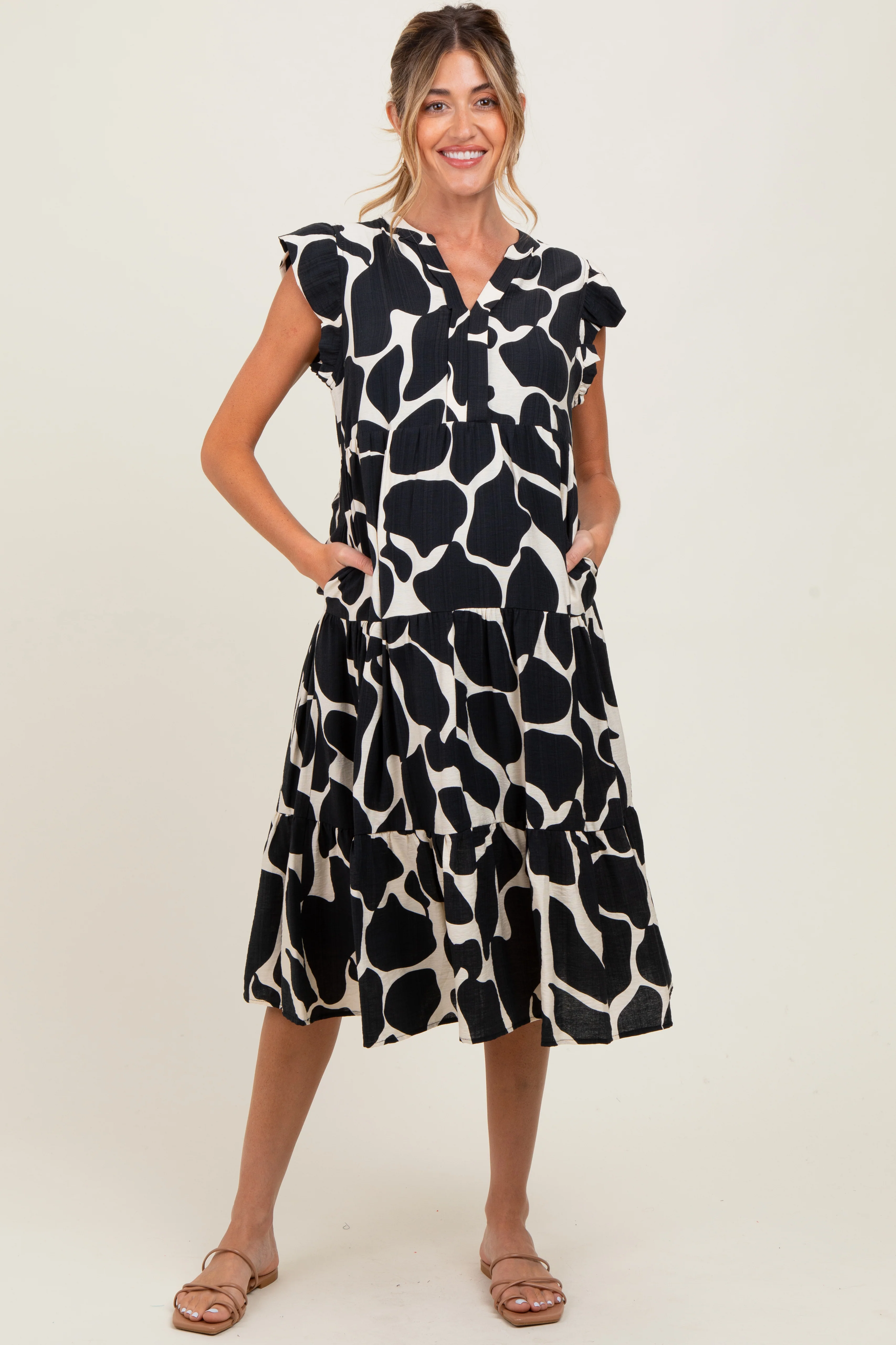 Black Print Tiered Layer Maternity Midi Dress