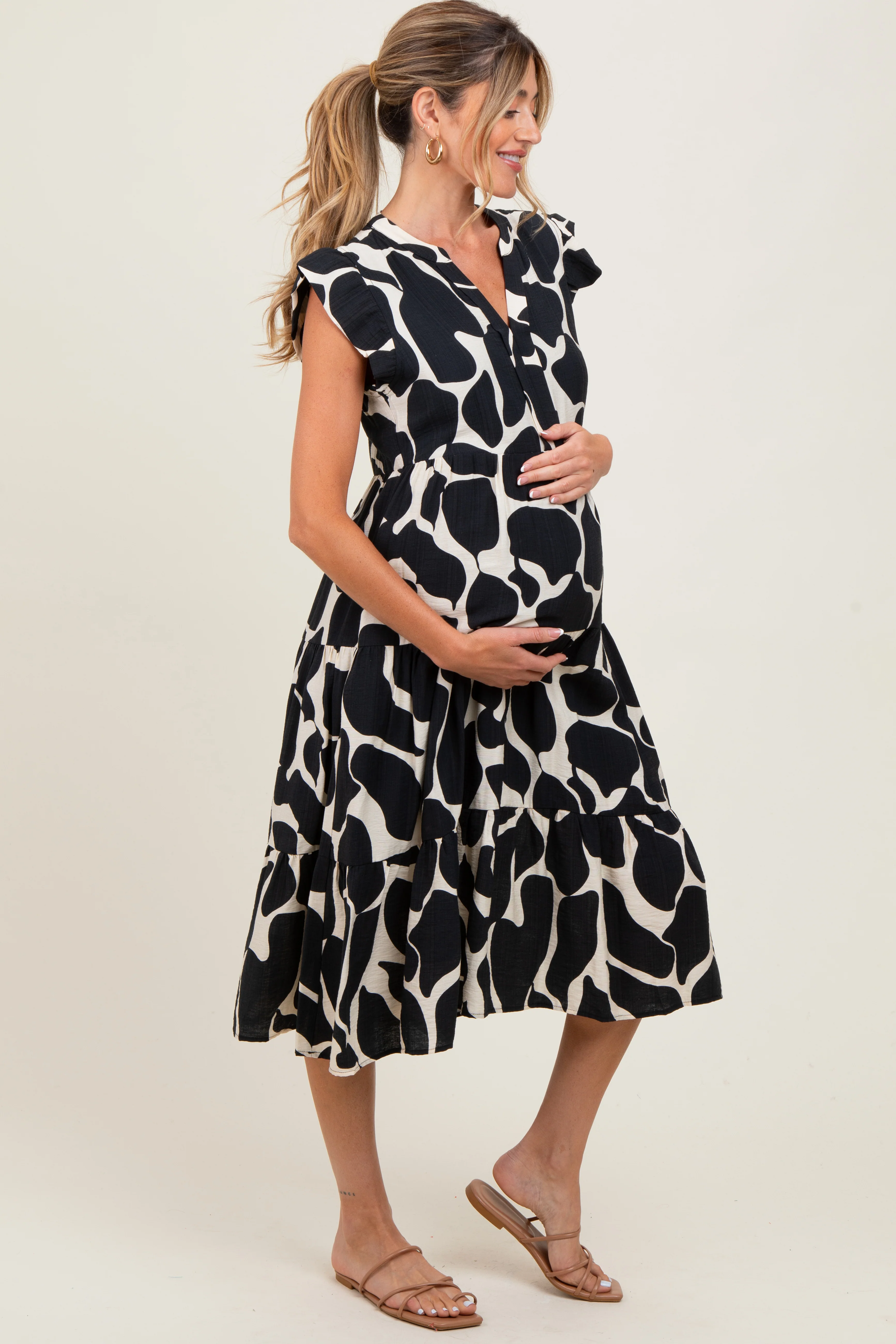 Black Print Tiered Layer Maternity Midi Dress - Image 3