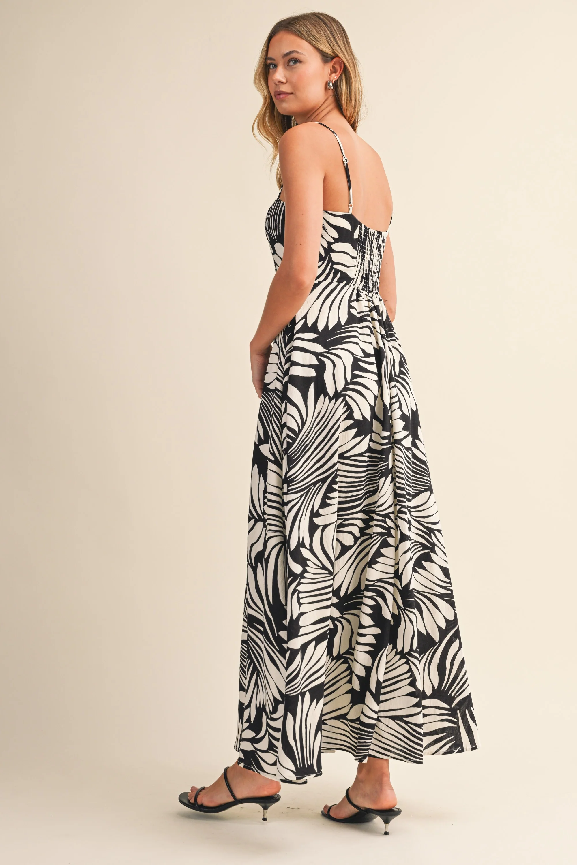 Black Printed Linen A-Line Midi Dress - Image 4