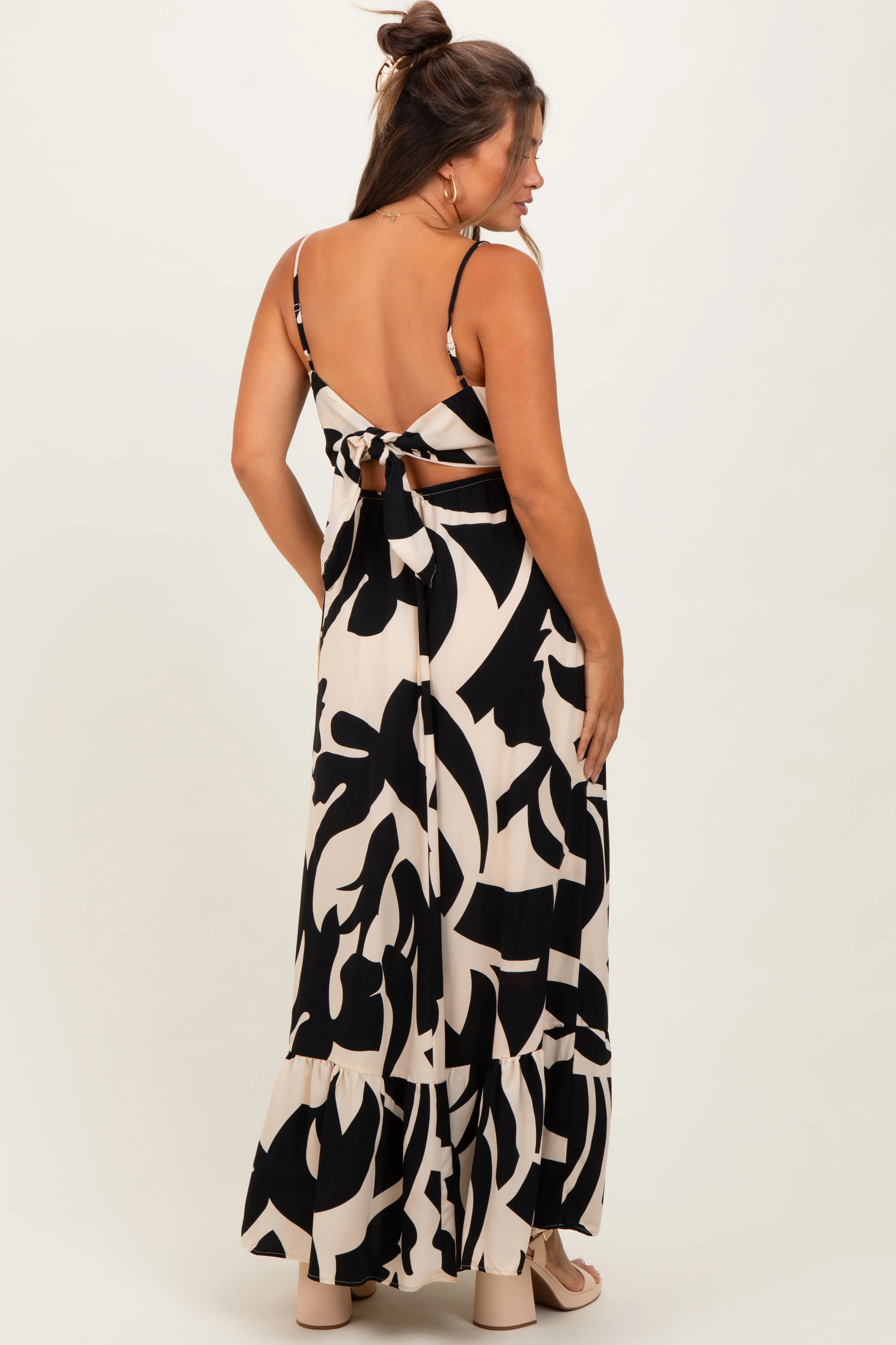 Black Printed Sleeveless Cutout Tie Back Maternity Maxi Dress - Image 4
