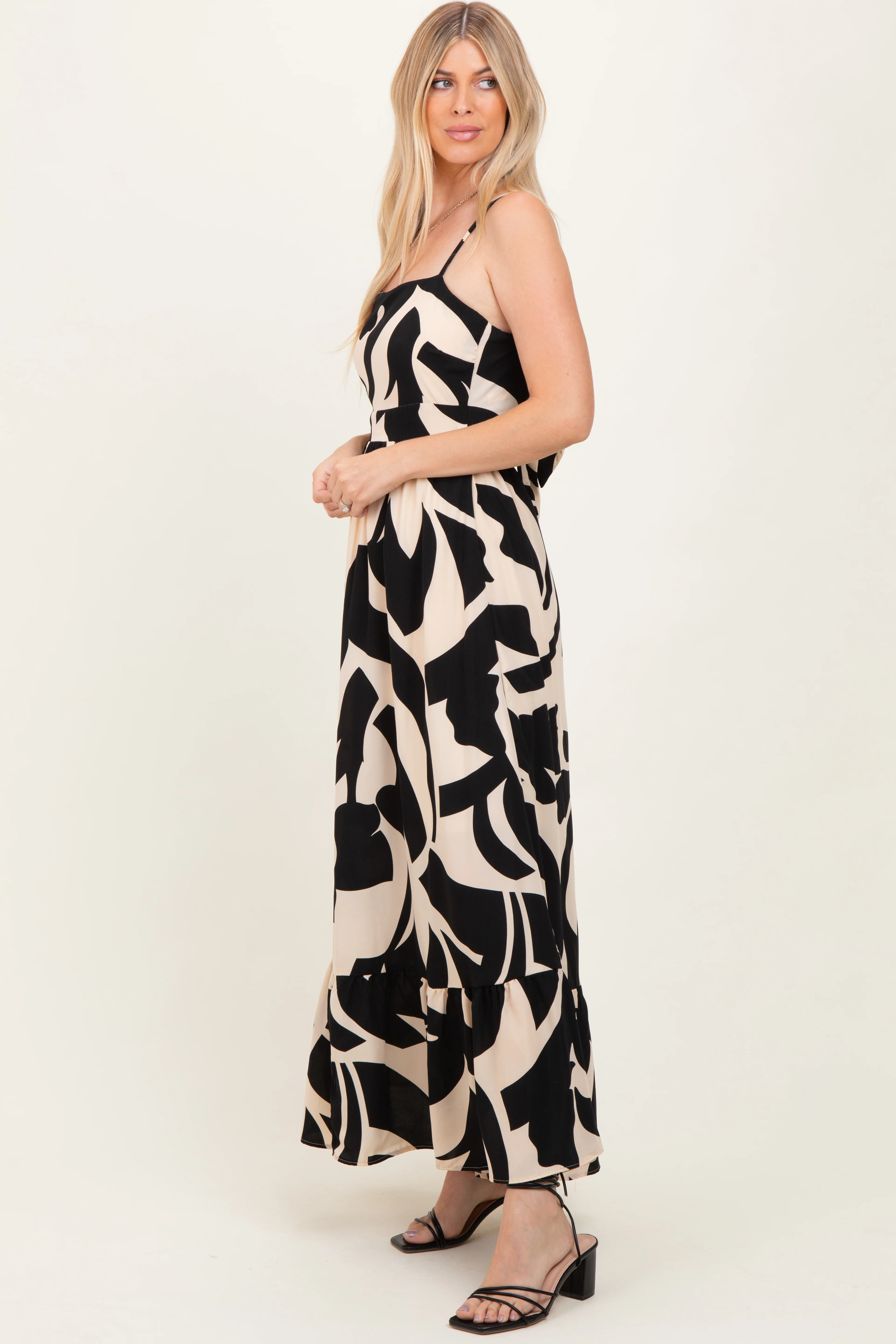 Black Printed Sleeveless Cutout Tie Back Maxi Dress - Image 3