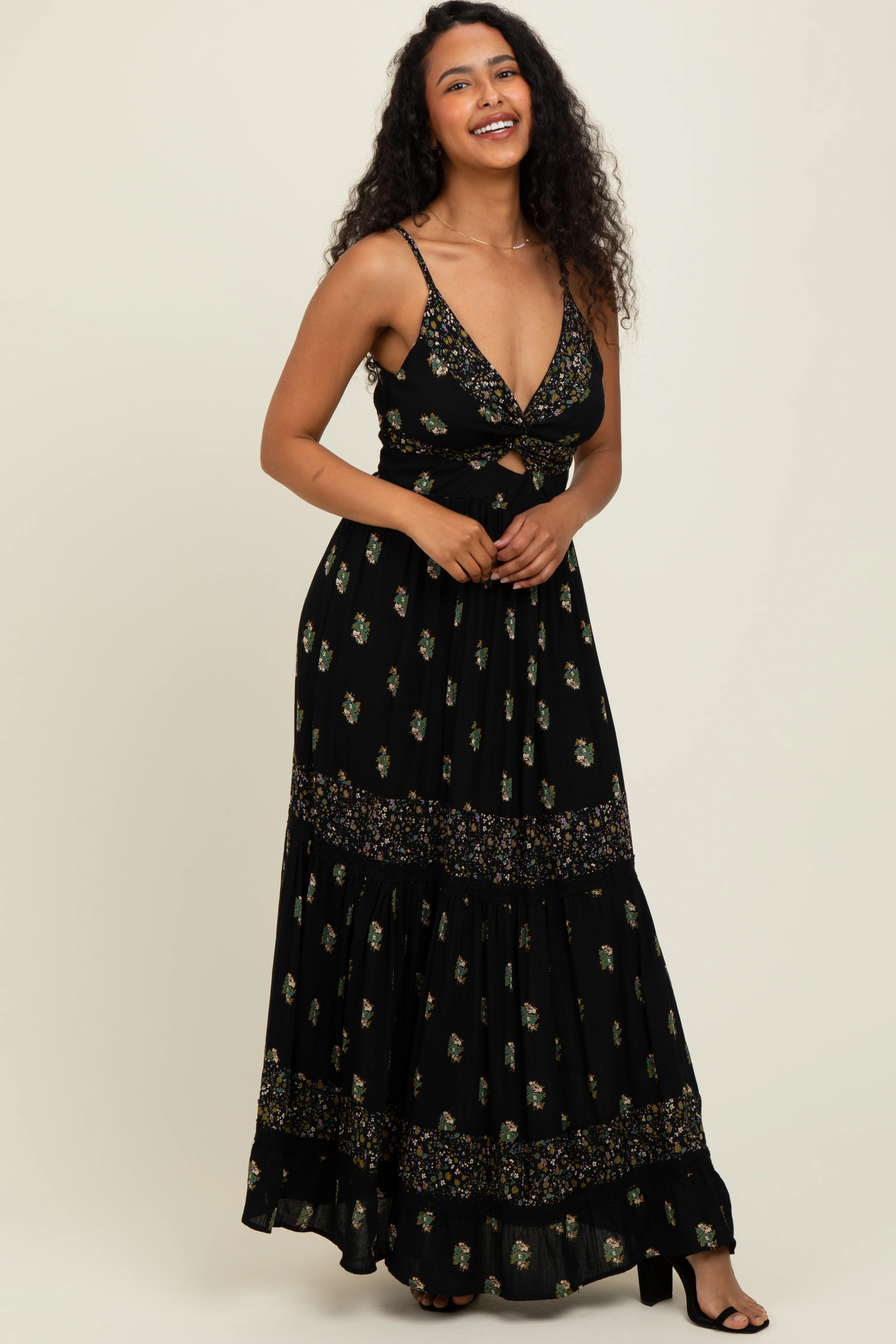 Black Printed Twist Front Cutout Maxi Dress - Image 2