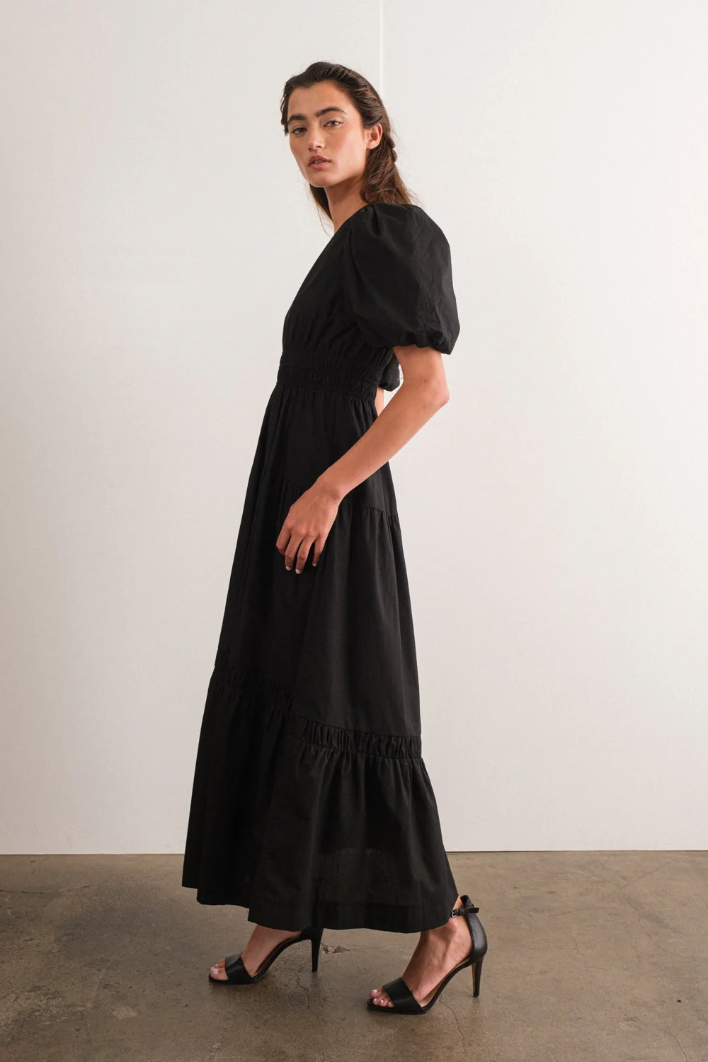 Black Puff Sleeve Midi Dress - Image 2