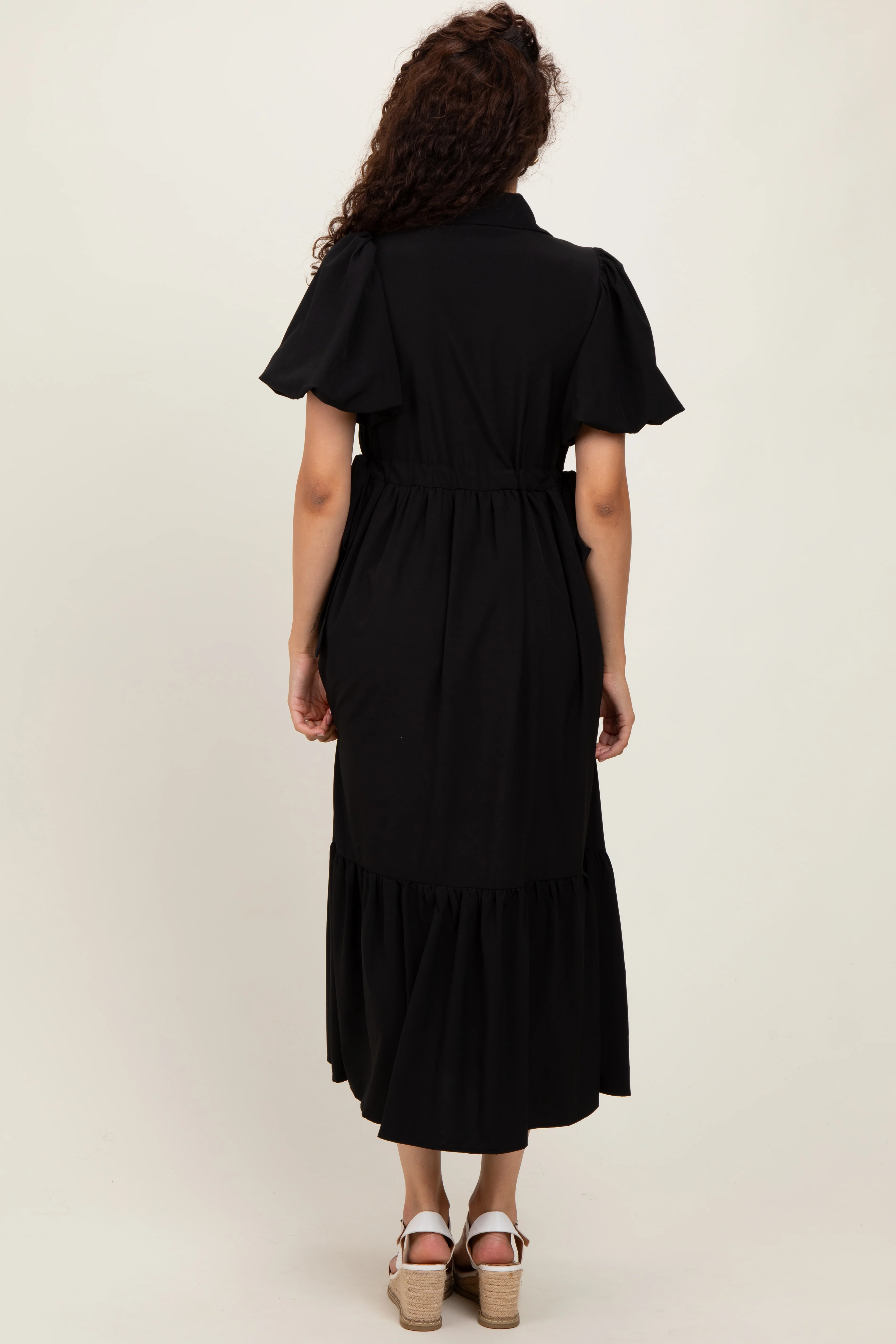 Black Puff Sleeve Side Tie Midi Shirt Dress - Image 3