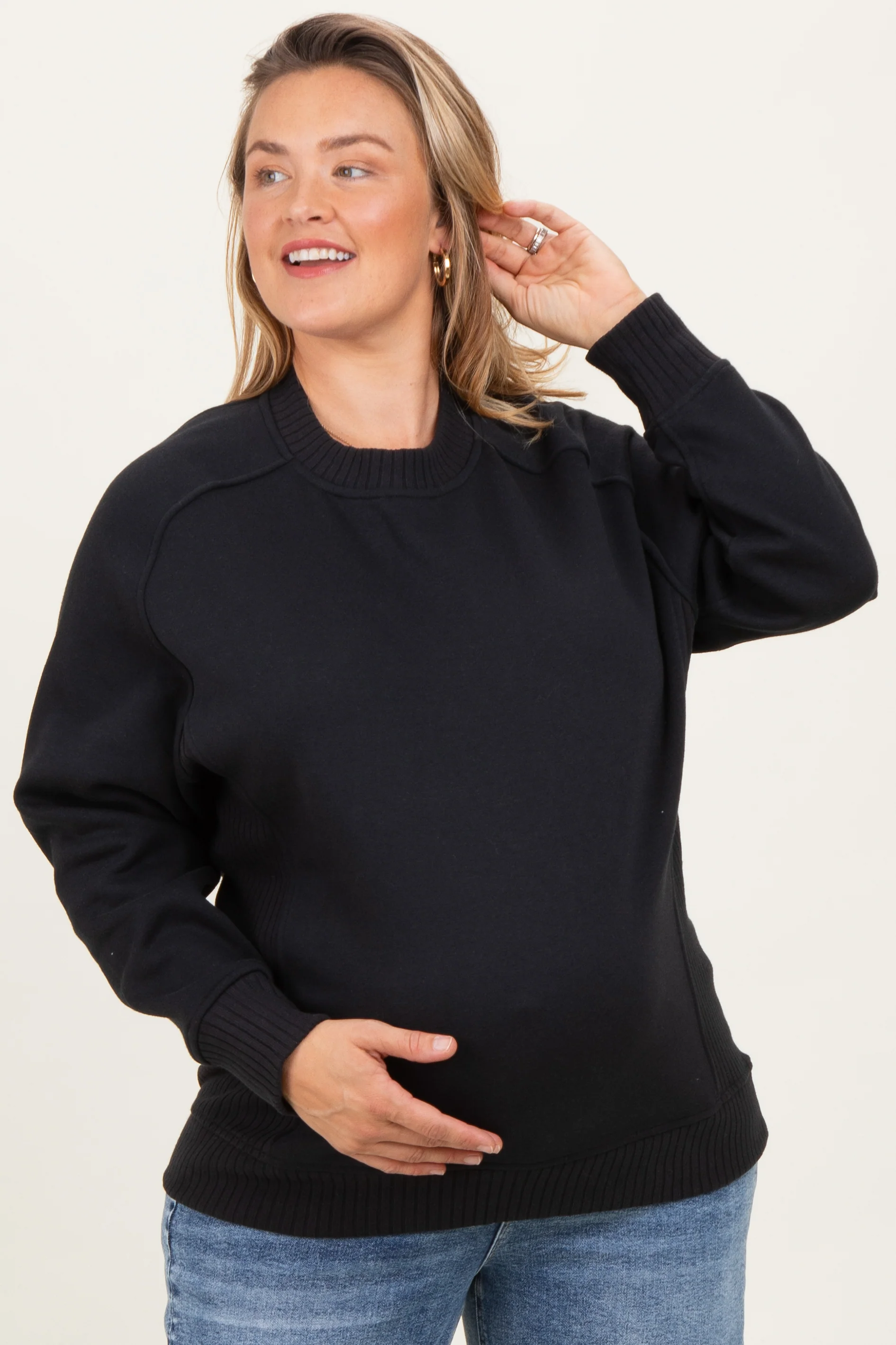 Black Pullover Terry Maternity Plus Crewneck - Image 3