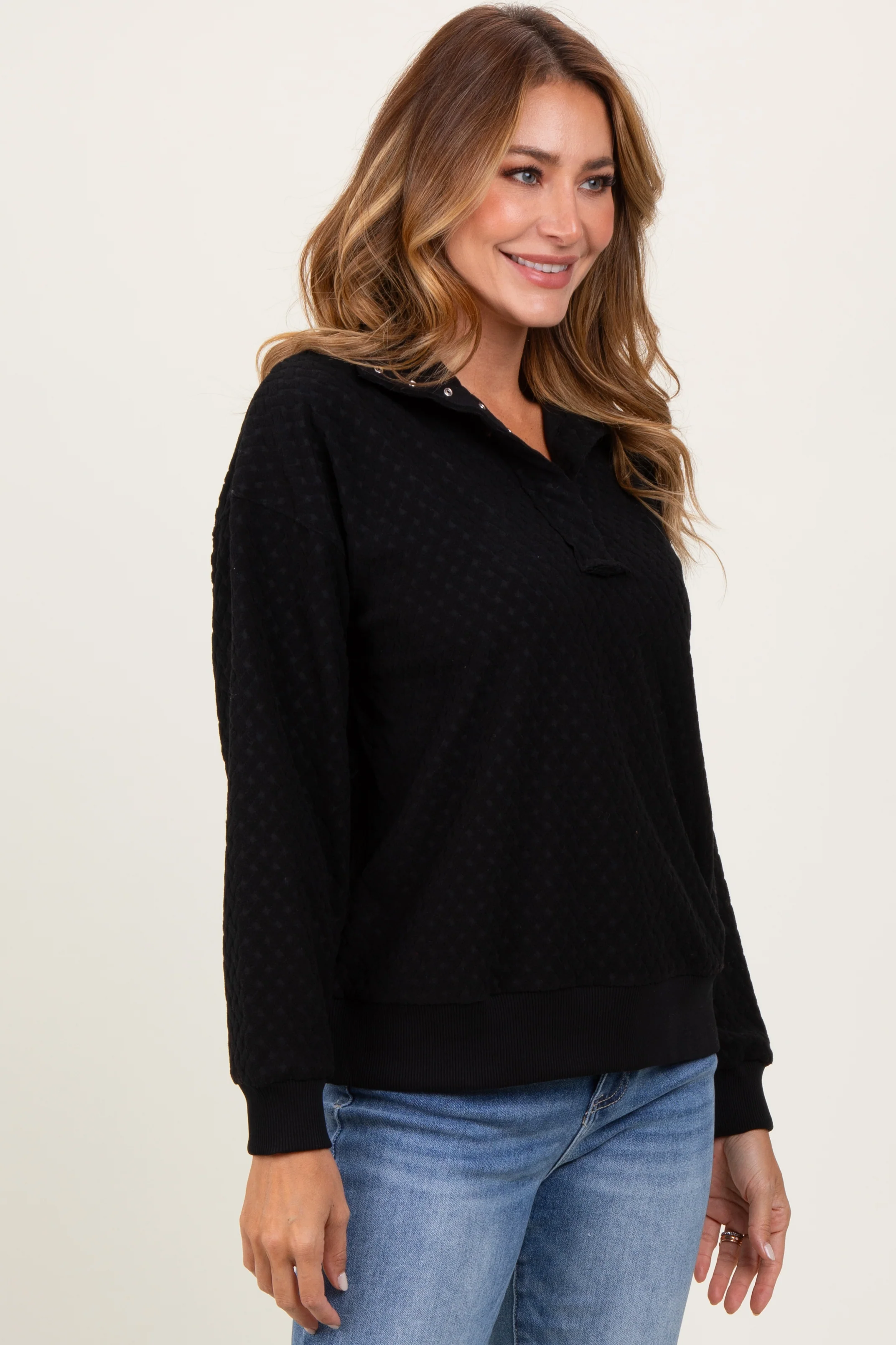 Black Quilted Knit Snap Collar Pullover Top - Image 3