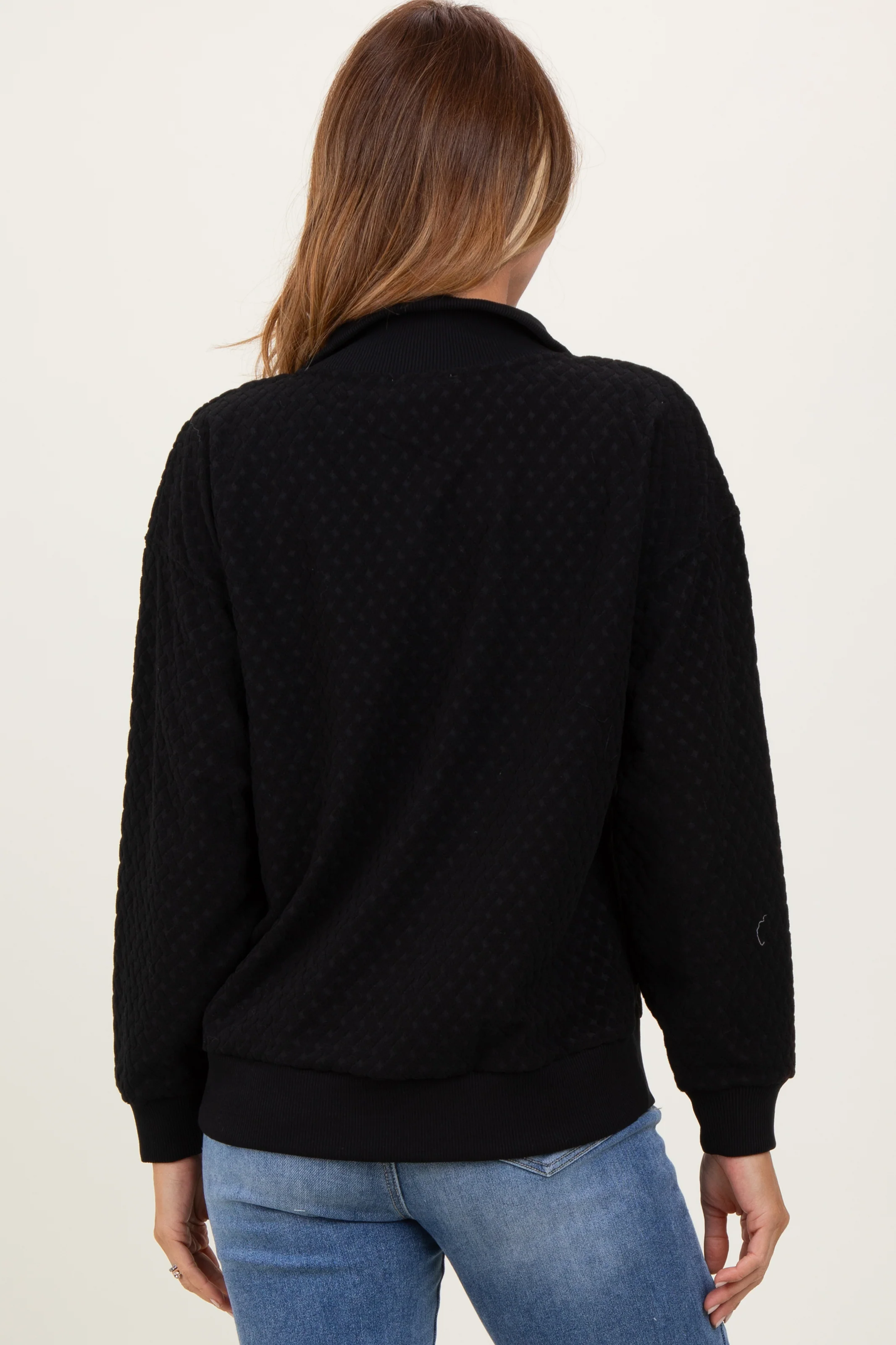 Black Quilted Knit Snap Collar Pullover Top - Image 4