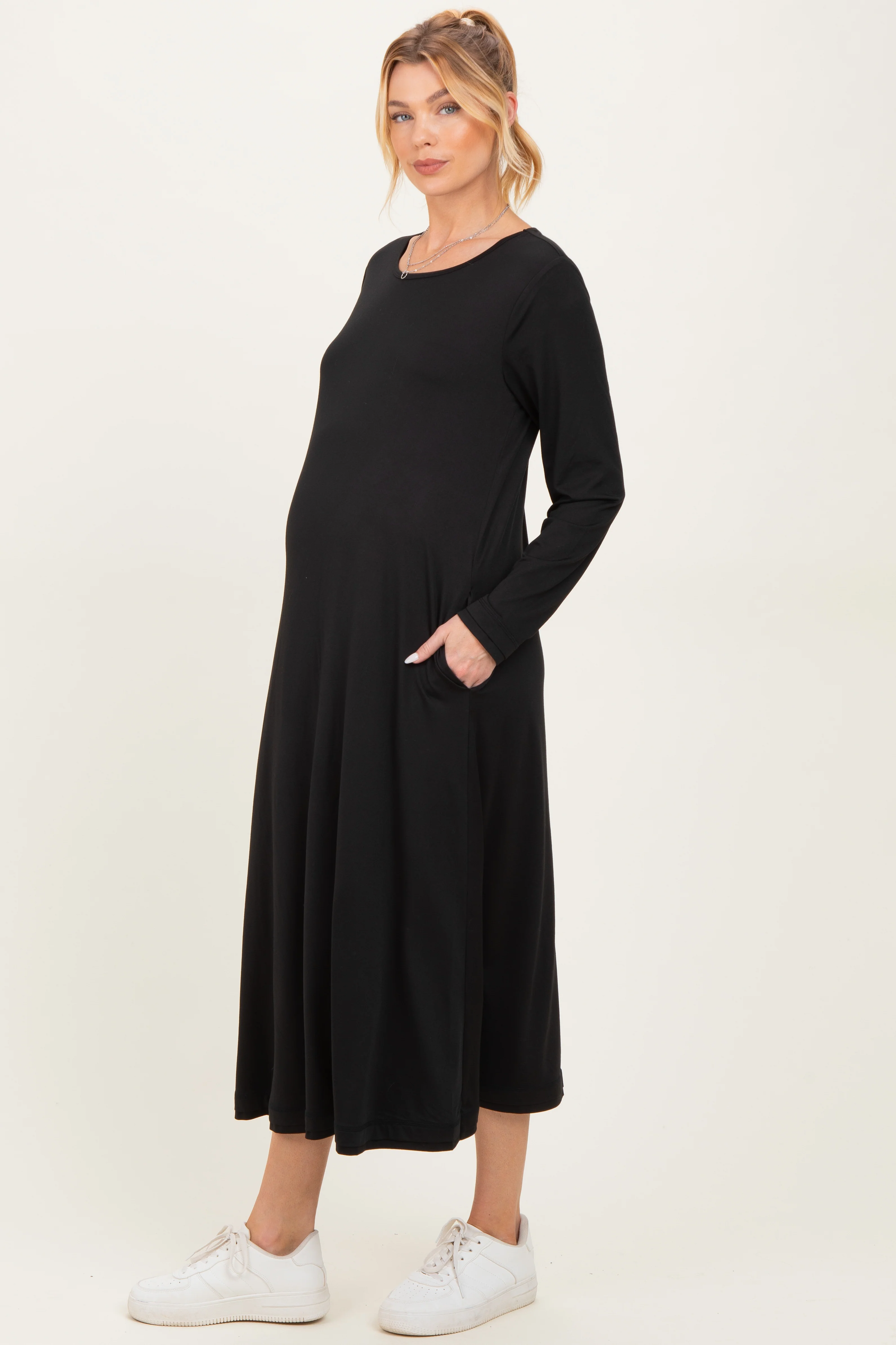Black Relaxed Fit Long Sleeve Basic Maternity Dress - Image 3