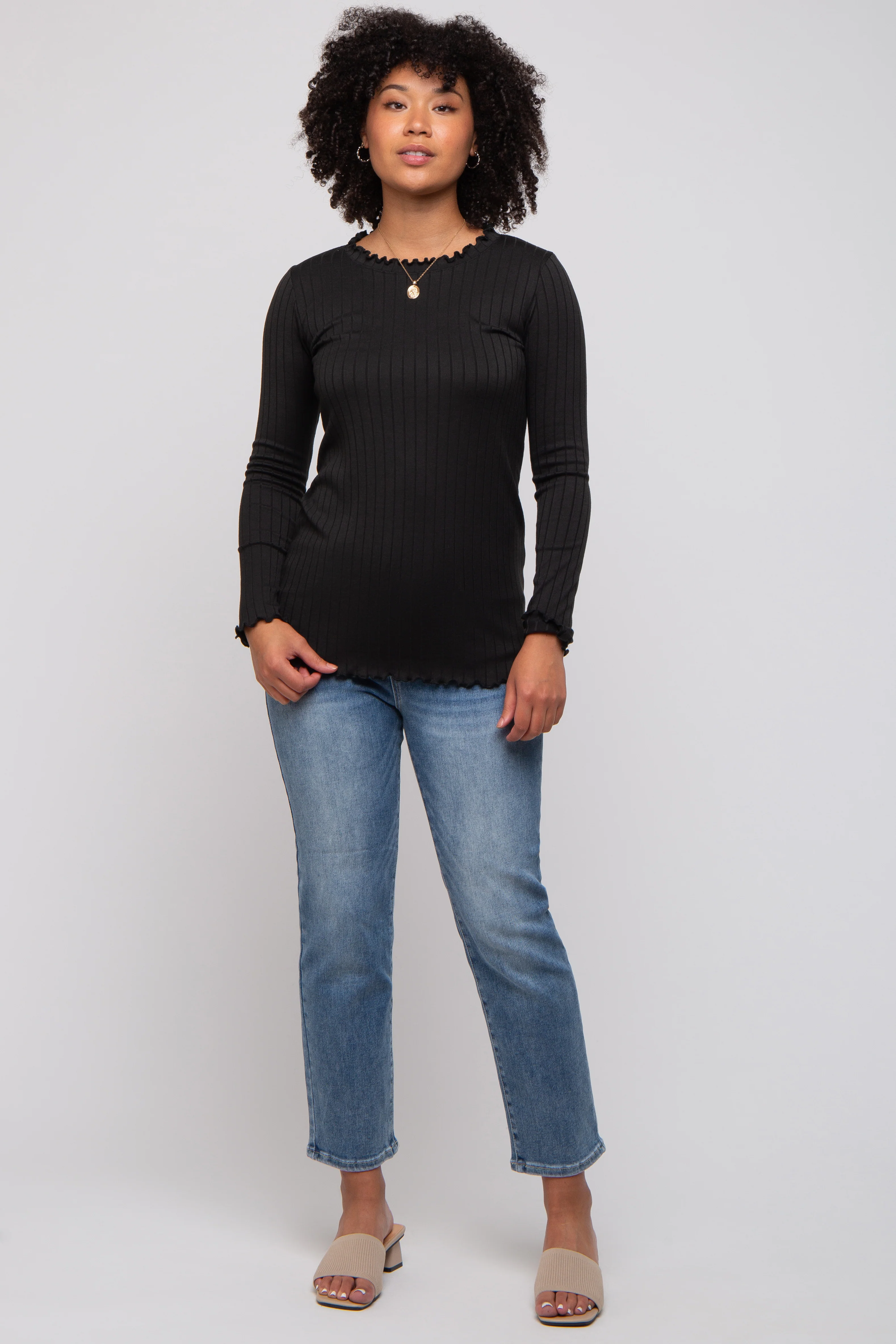 Black Rib Knit Lettuce Trim Long Sleeve Top - Image 4