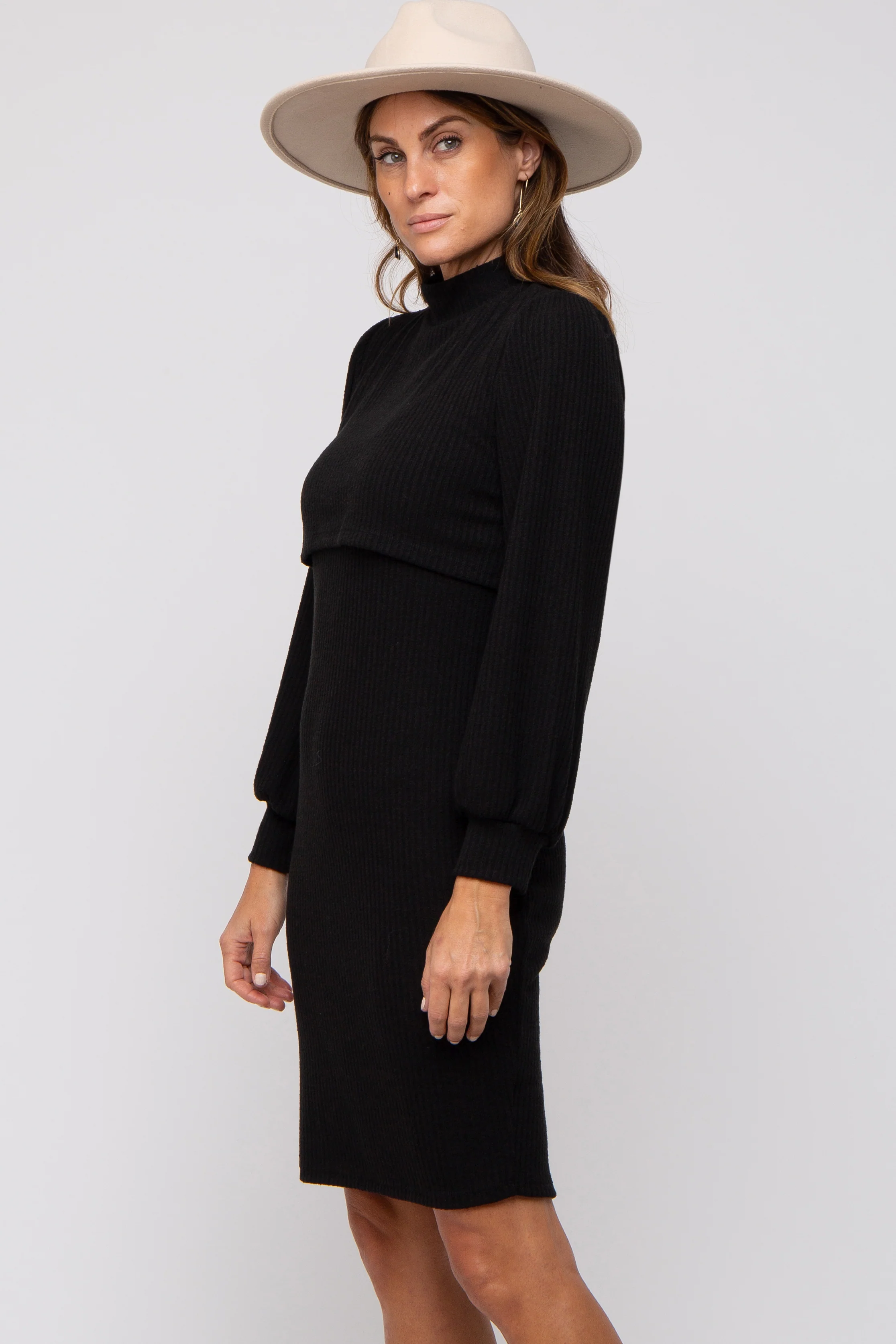 Black Rib Knit Mock Neck Mock Neck Nursing Dress - Image 2