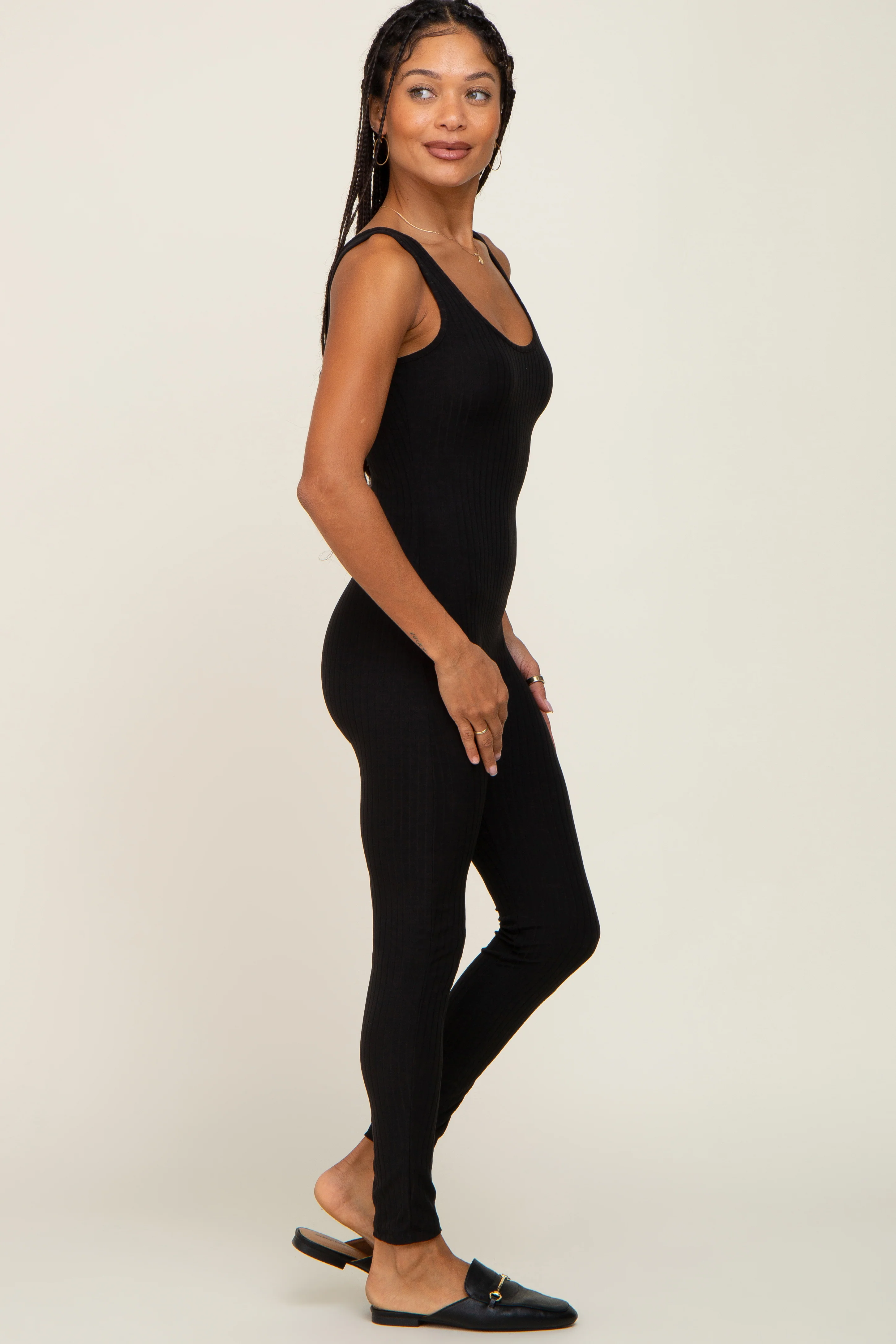 Black Ribbed Bodycon Jumpsuit - Image 2