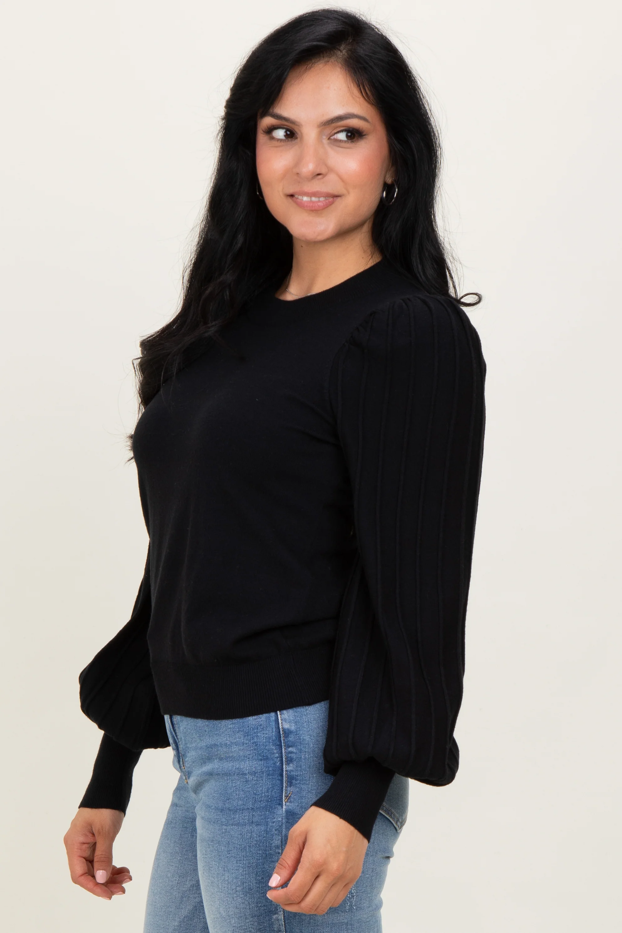 Black Ribbed Bubble Sleeve Knit Top - Image 3