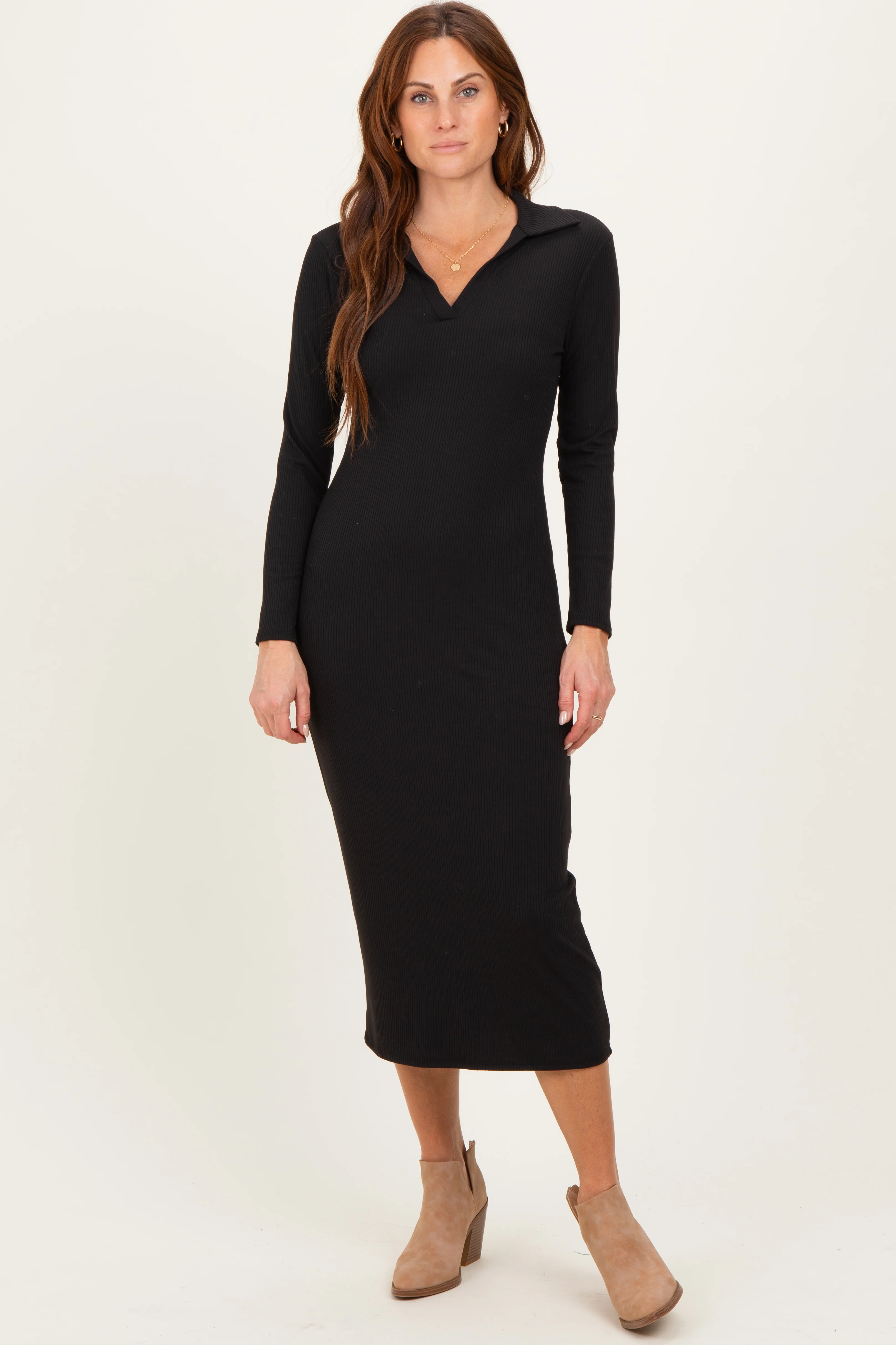 Black Ribbed Collared Long Sleeve Maternity Midi Dress - Image 4