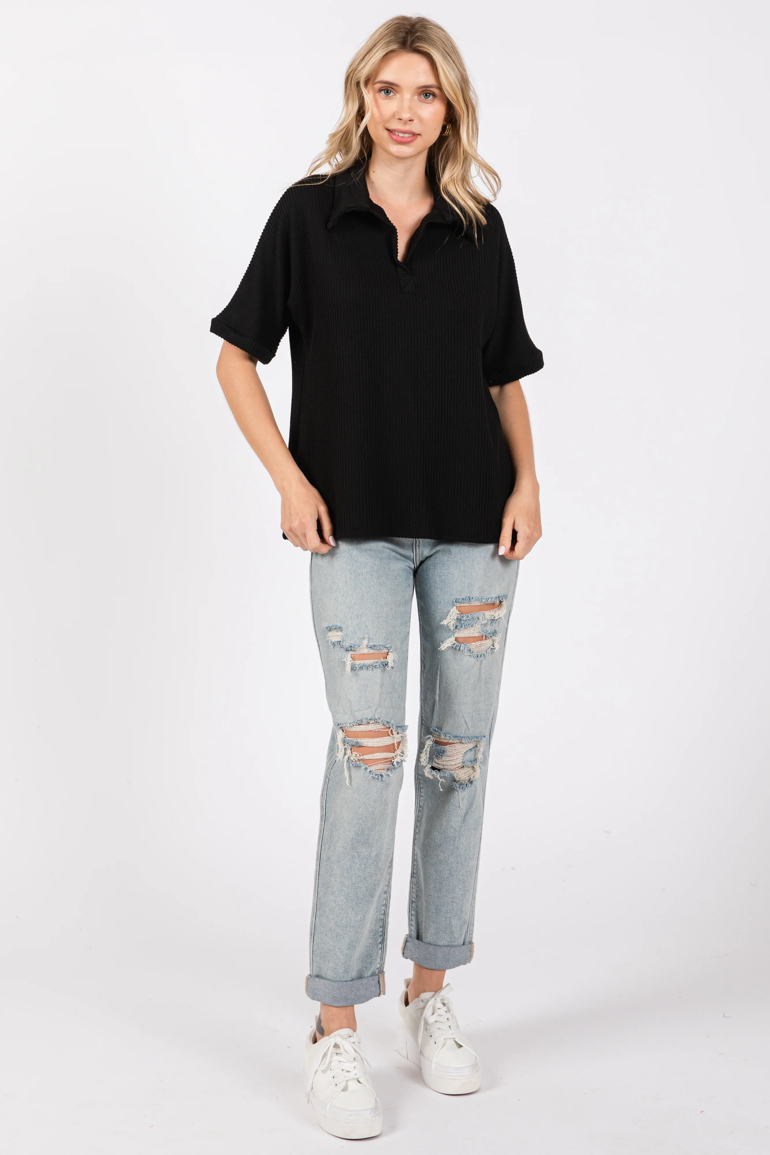 Black Ribbed Collared Top - Image 4