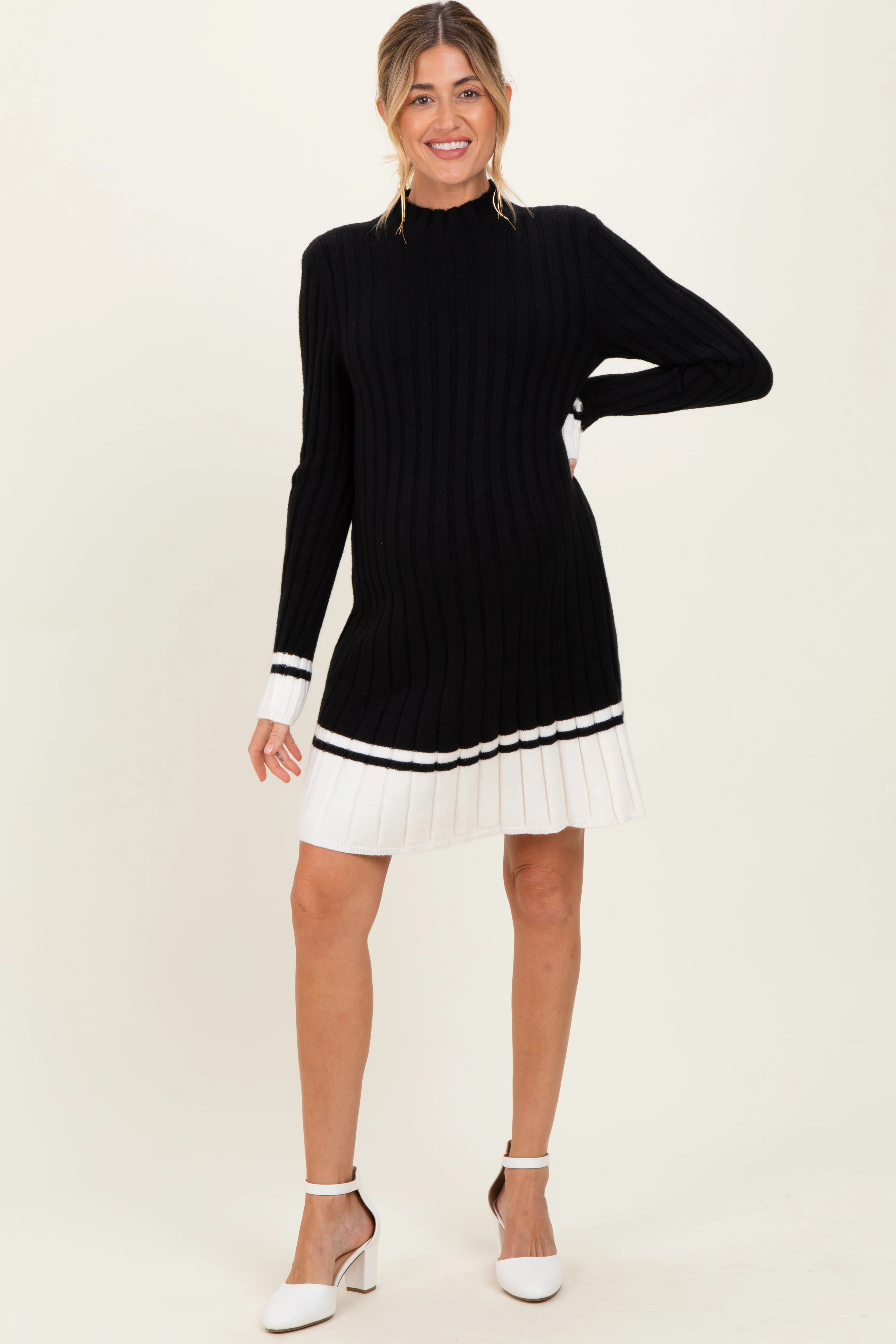 Black Ribbed Contrast Hem Maternity Sweater Dress - Image 4