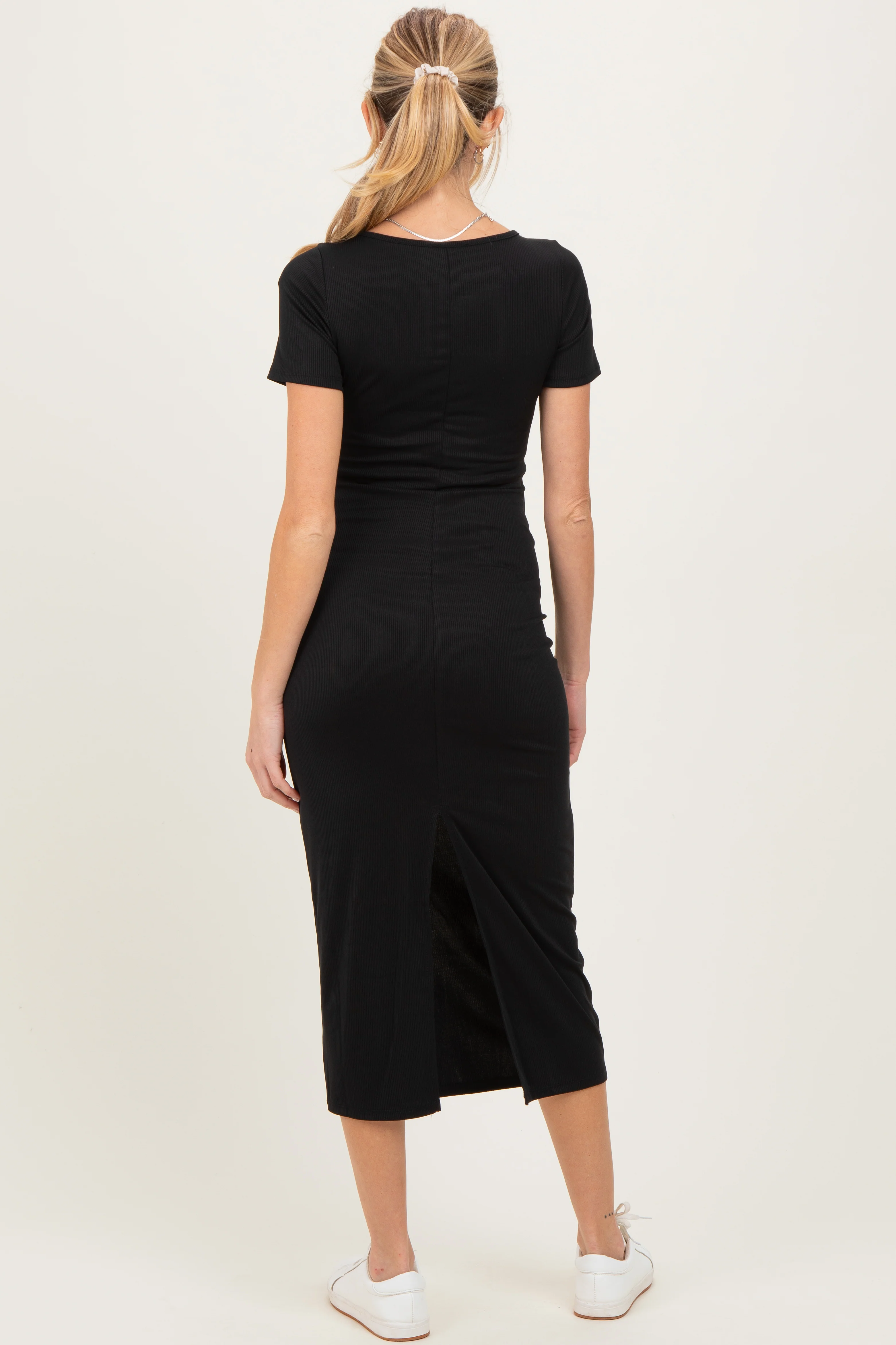 Black Ribbed Fitted Maternity Midi Dress - Image 3