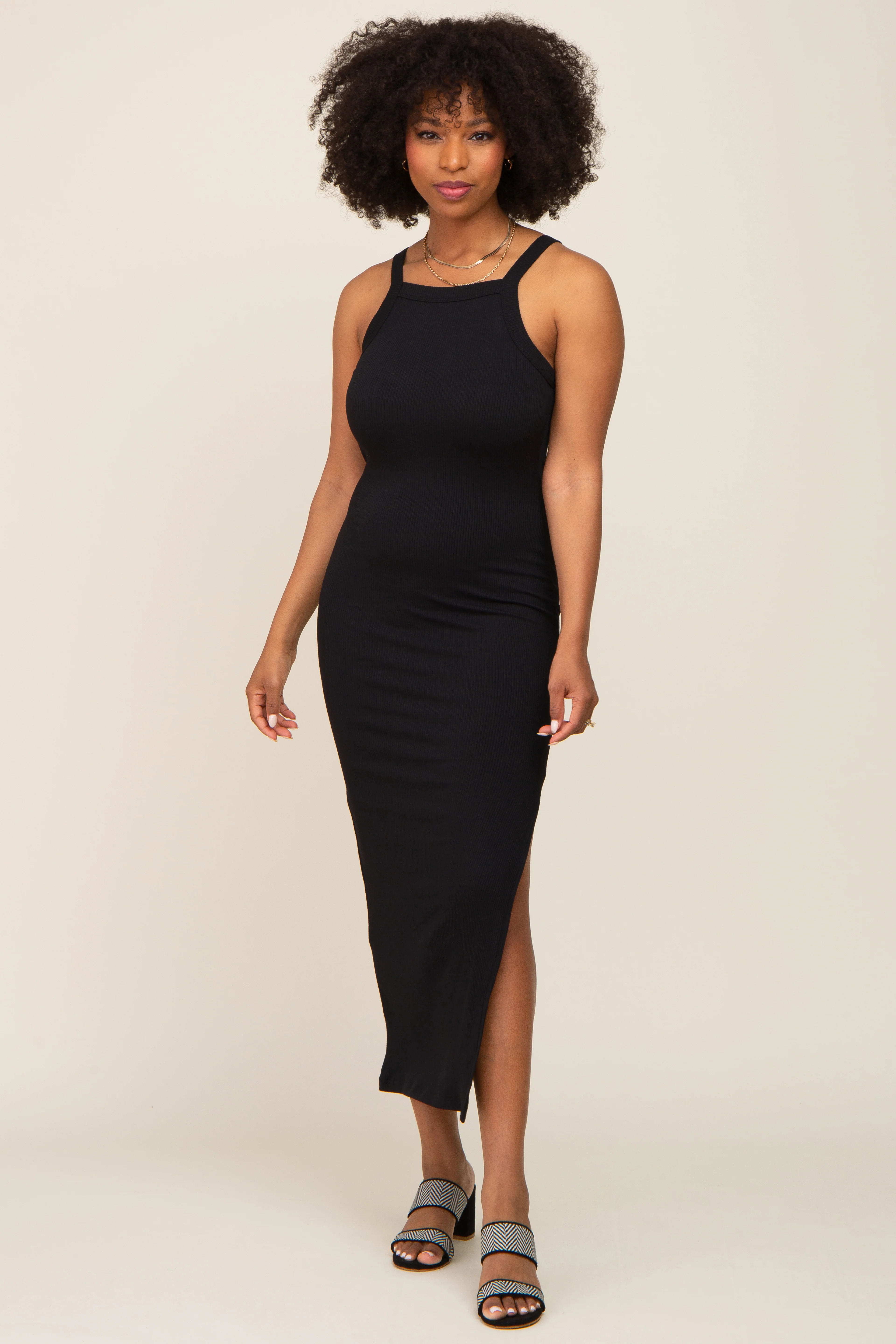 Black Ribbed Fitted Side Slit Midi Dress - Image 4
