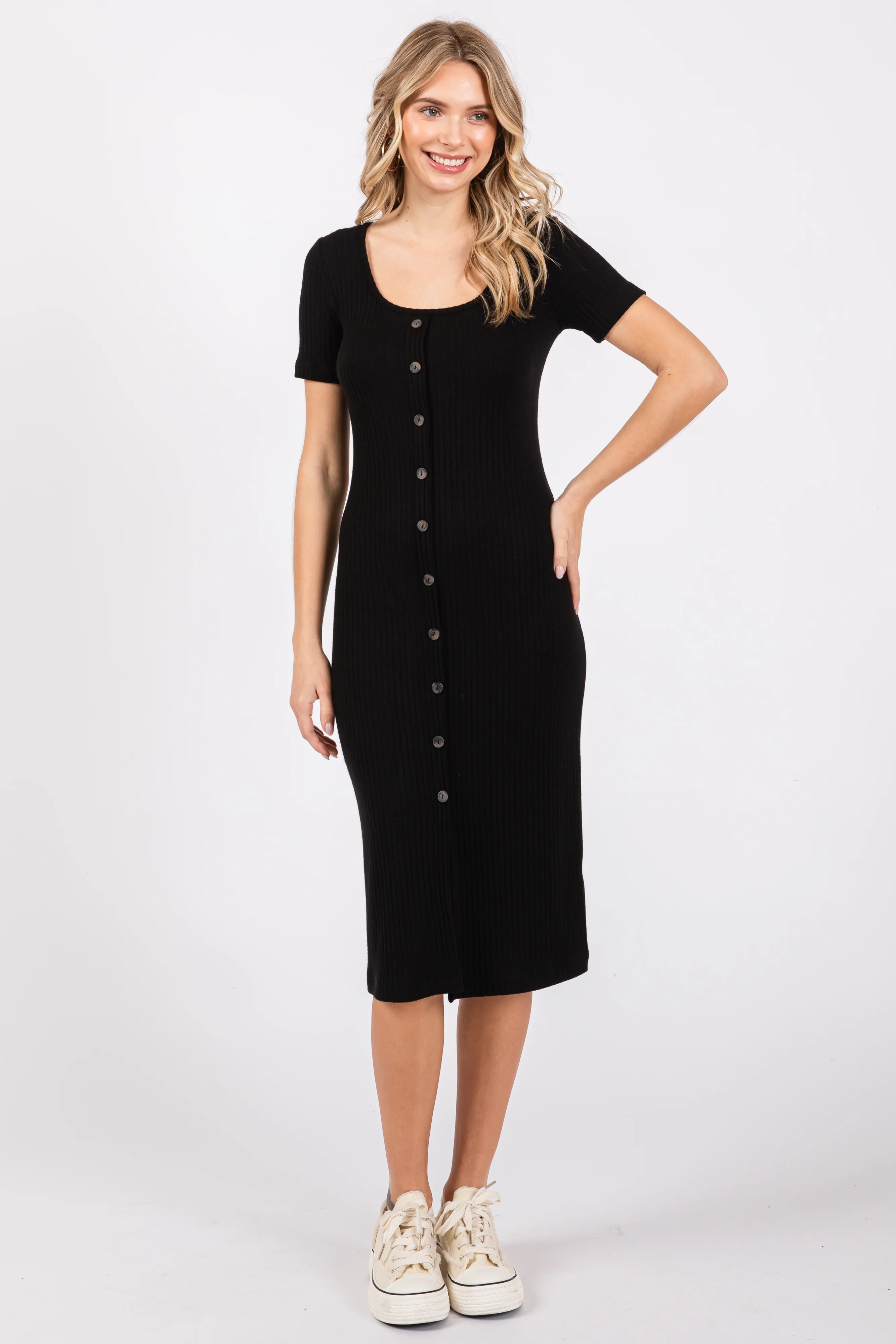 Black Ribbed Front Button Accent Short Sleeve Maternity Midi Dress - Image 4
