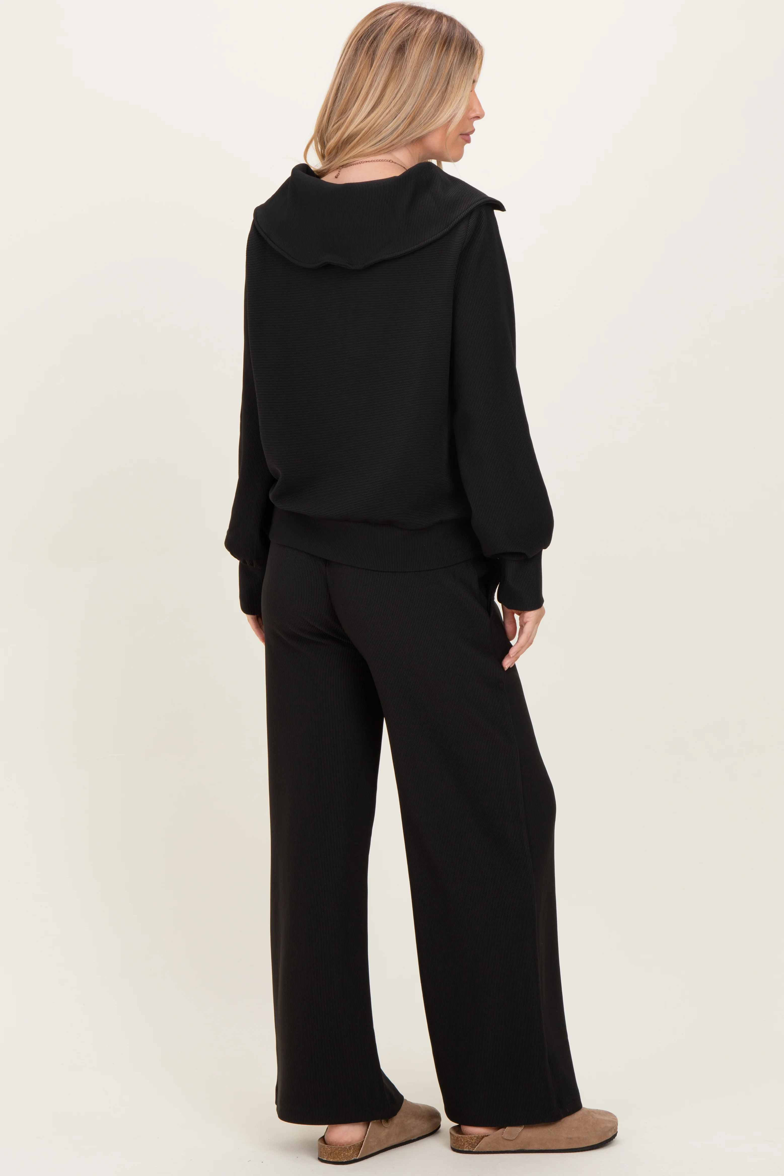 Black Ribbed Half Zip Pullover Wide Leg Pant Set - Image 4