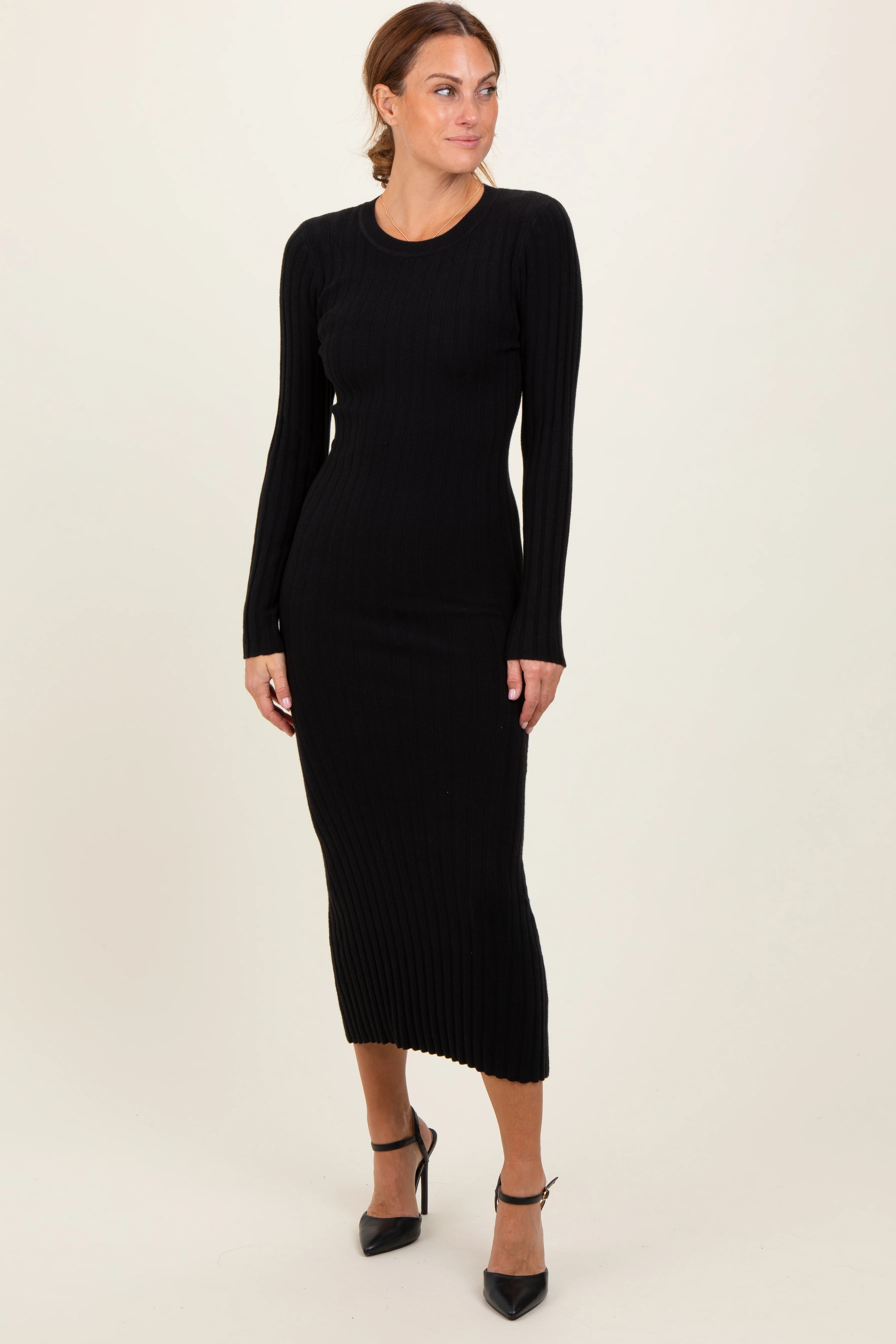Black Ribbed Knit Fitted Maternity Midi Sweater Dress - Image 5