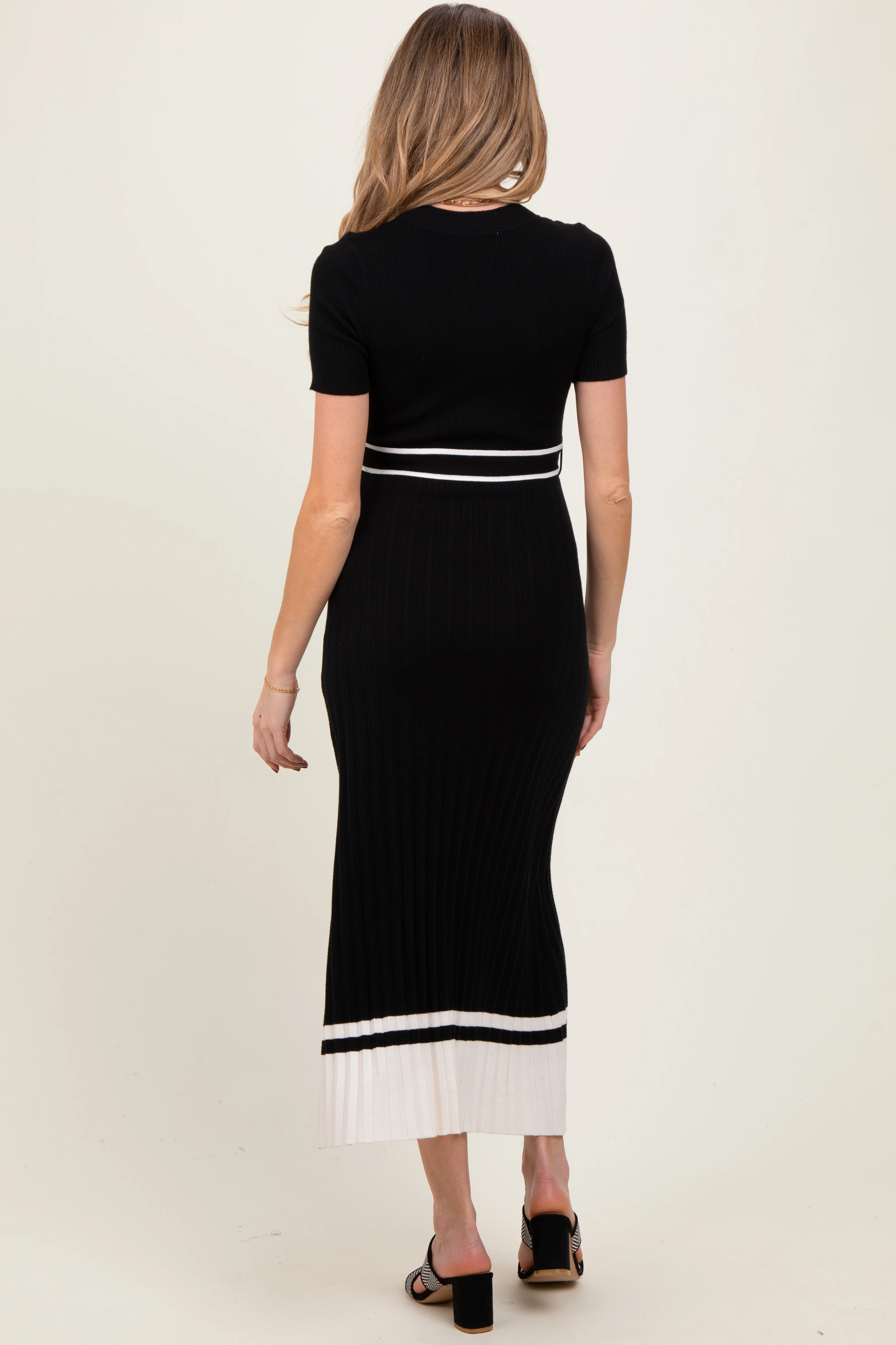 Black Ribbed Knit Pleated Maternity Midi Dress - Image 3