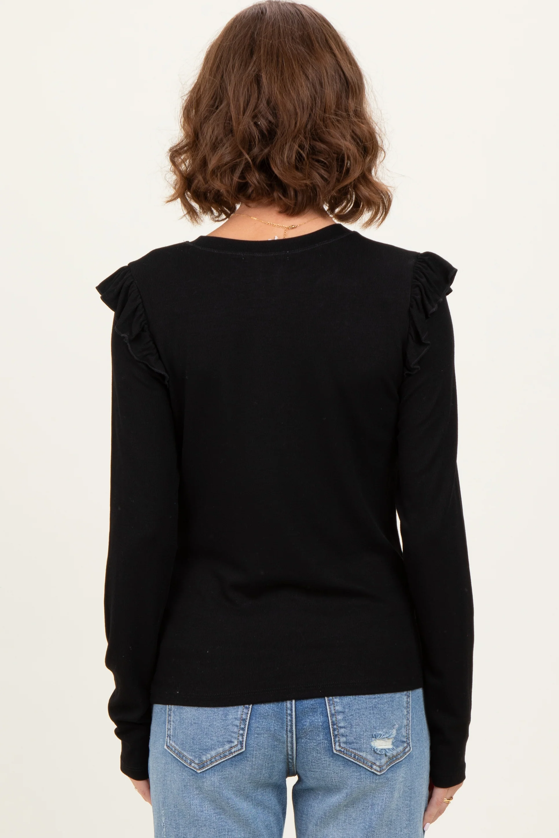 Black Ribbed Knit Ruffle Detail Long Sleeve Top - Image 4
