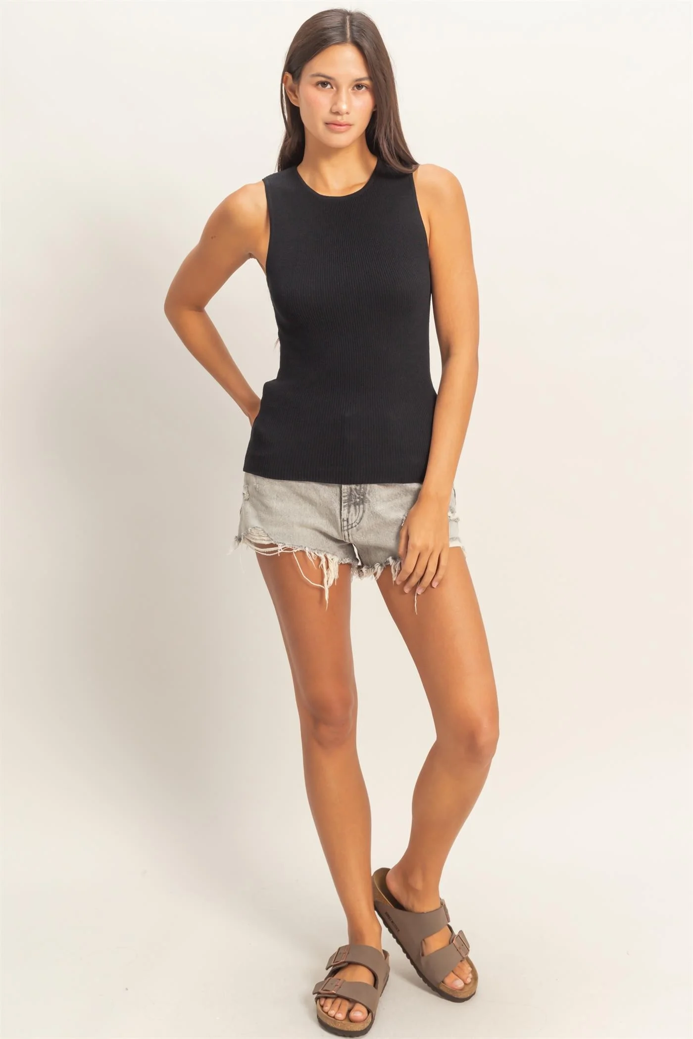 Black Ribbed Knit Tank Top - Image 7